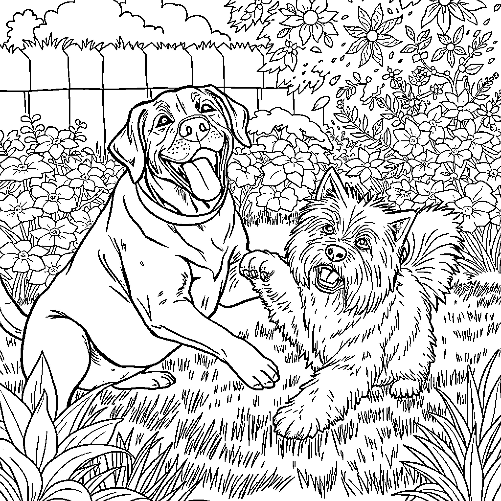 Dog and friends enjoying nature's beauty Coloring Page (free black-and-white line drawing printable PDF for all, from beginners to advanced learners, including children, teens, adults, and seniors)