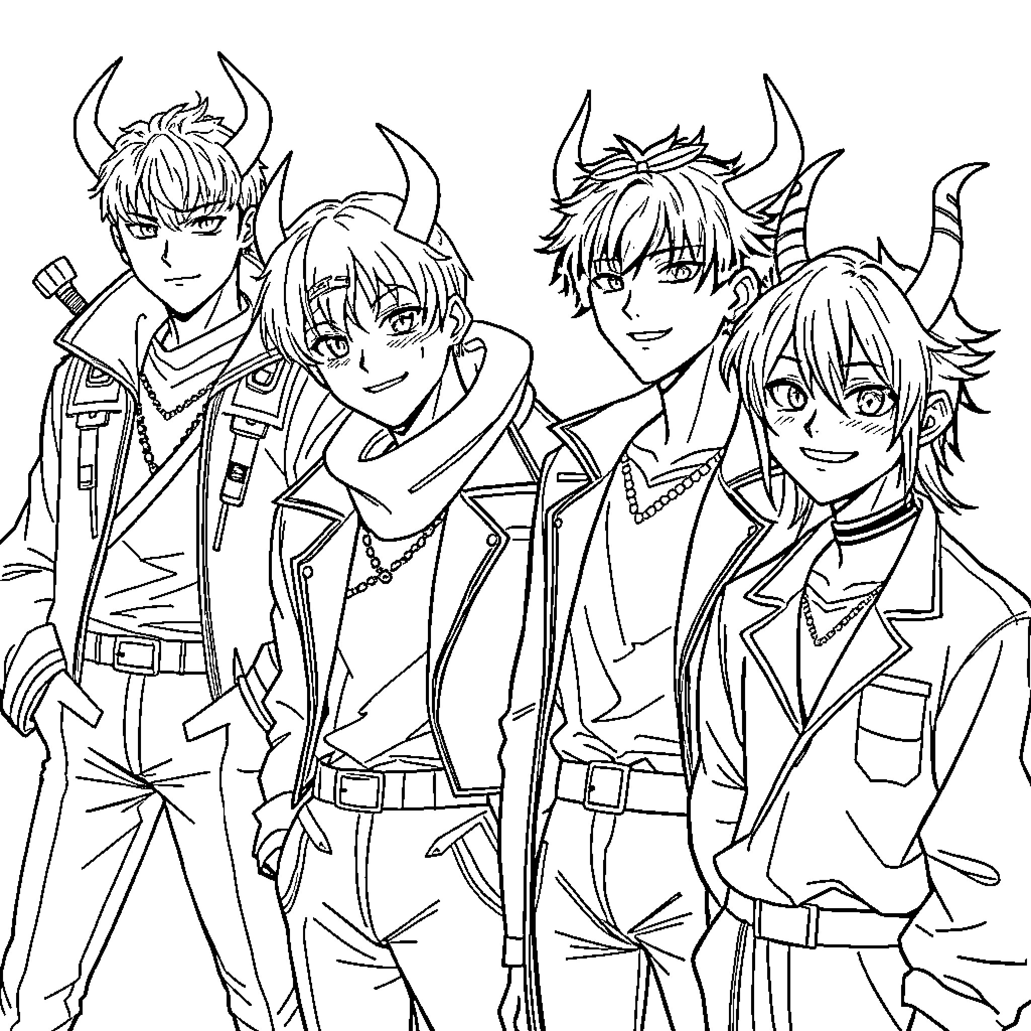 Demon Hunters in Action-Packed Attire Coloring Page (free black-and-white line drawing printable PDF for all, from beginners to advanced learners, including children, teens, adults, and seniors)