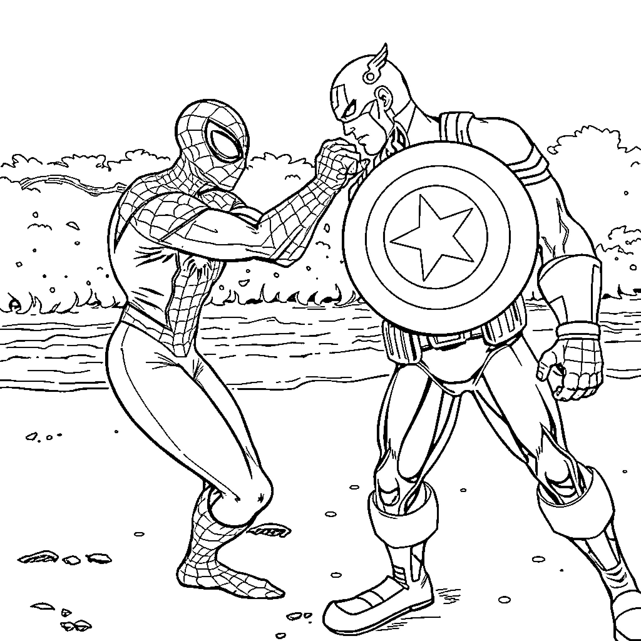 Spider-Man and Captain America teamwork in the park Coloring Page (free black-and-white line drawing printable PDF for all, from beginners to advanced learners, including children, teens, adults, and seniors)