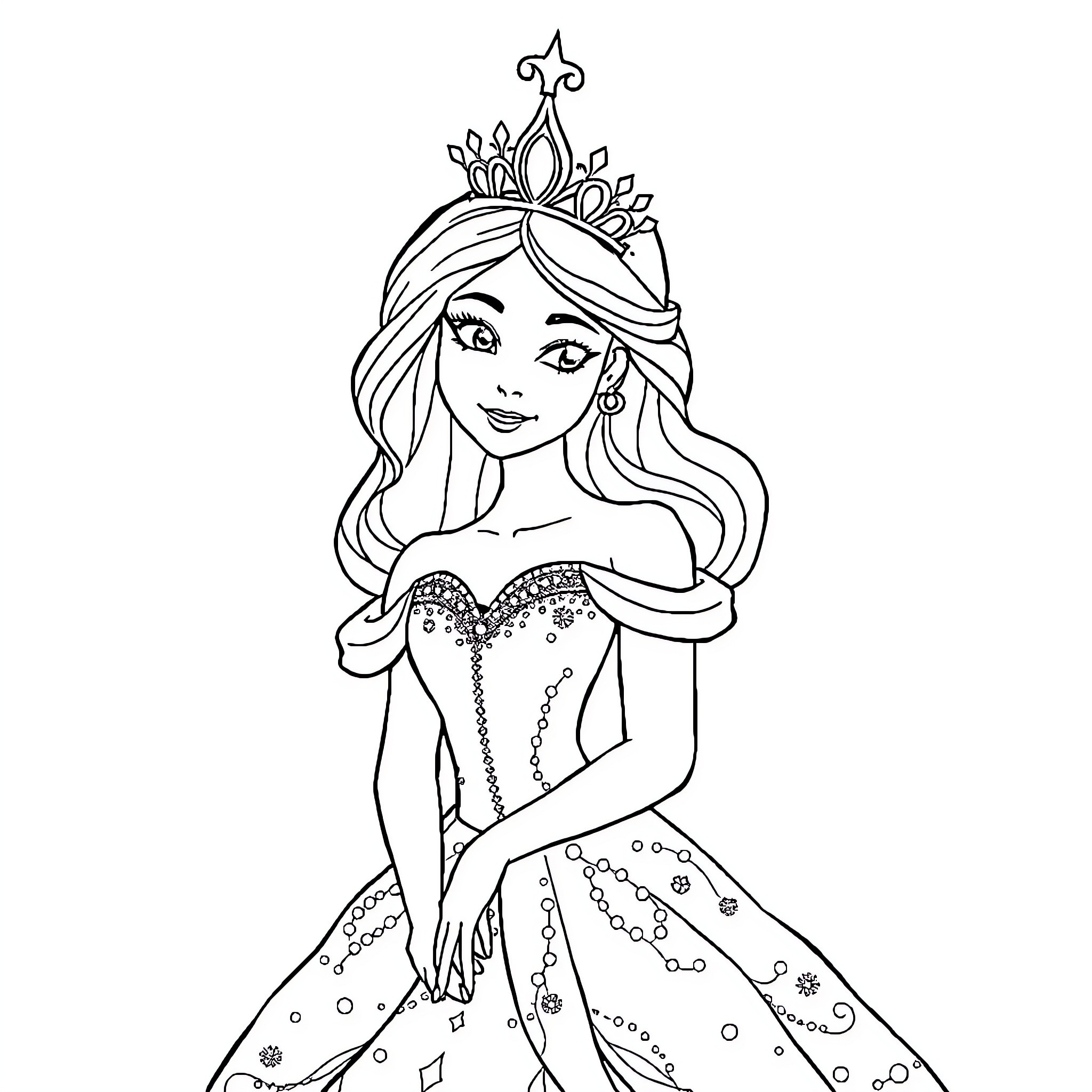 Princess in Sparkling Gown and Crown Coloring Page (free black-and-white line drawing printable PDF for all, from beginners to advanced learners, including children, teens, adults, and seniors)