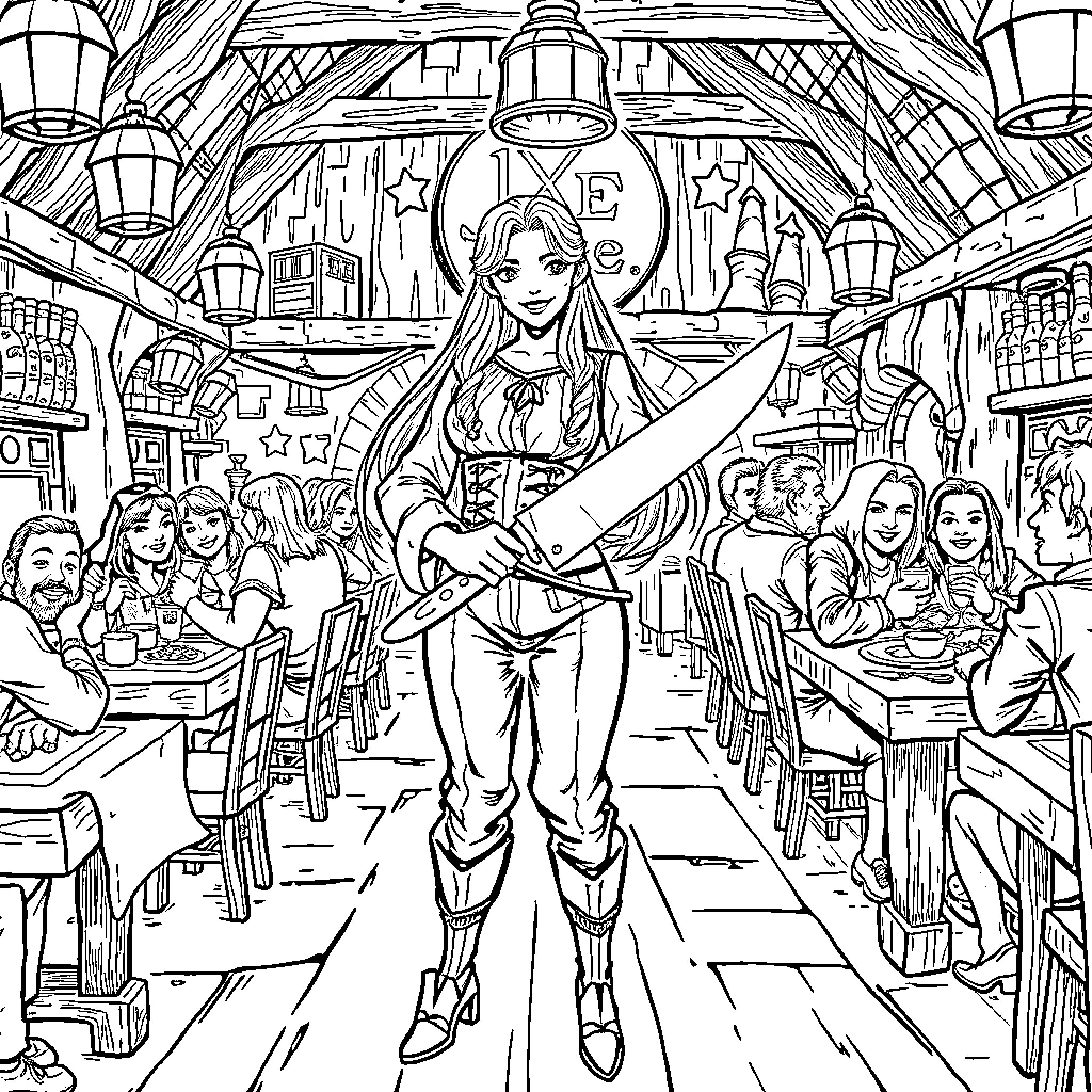 Business Woman Leading a Lively Scene in a Bustling Establishment Coloring Page (free black-and-white line drawing printable PDF for all, from beginners to advanced learners, including children, teens, adults, and seniors)