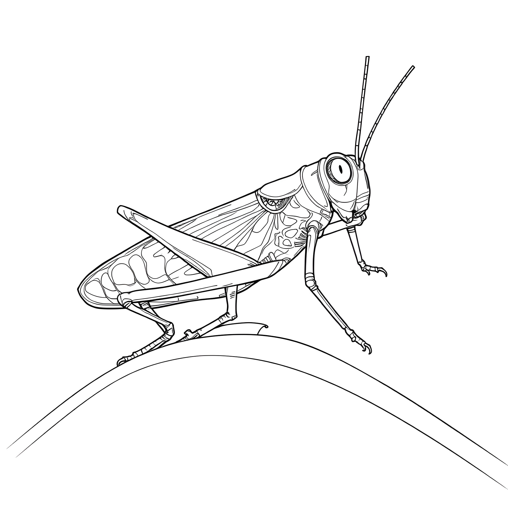 Grasshopper jumping on a curved surface Coloring Page (free black-and-white line drawing printable PDF for all, from beginners to advanced learners, including children, teens, adults, and seniors)