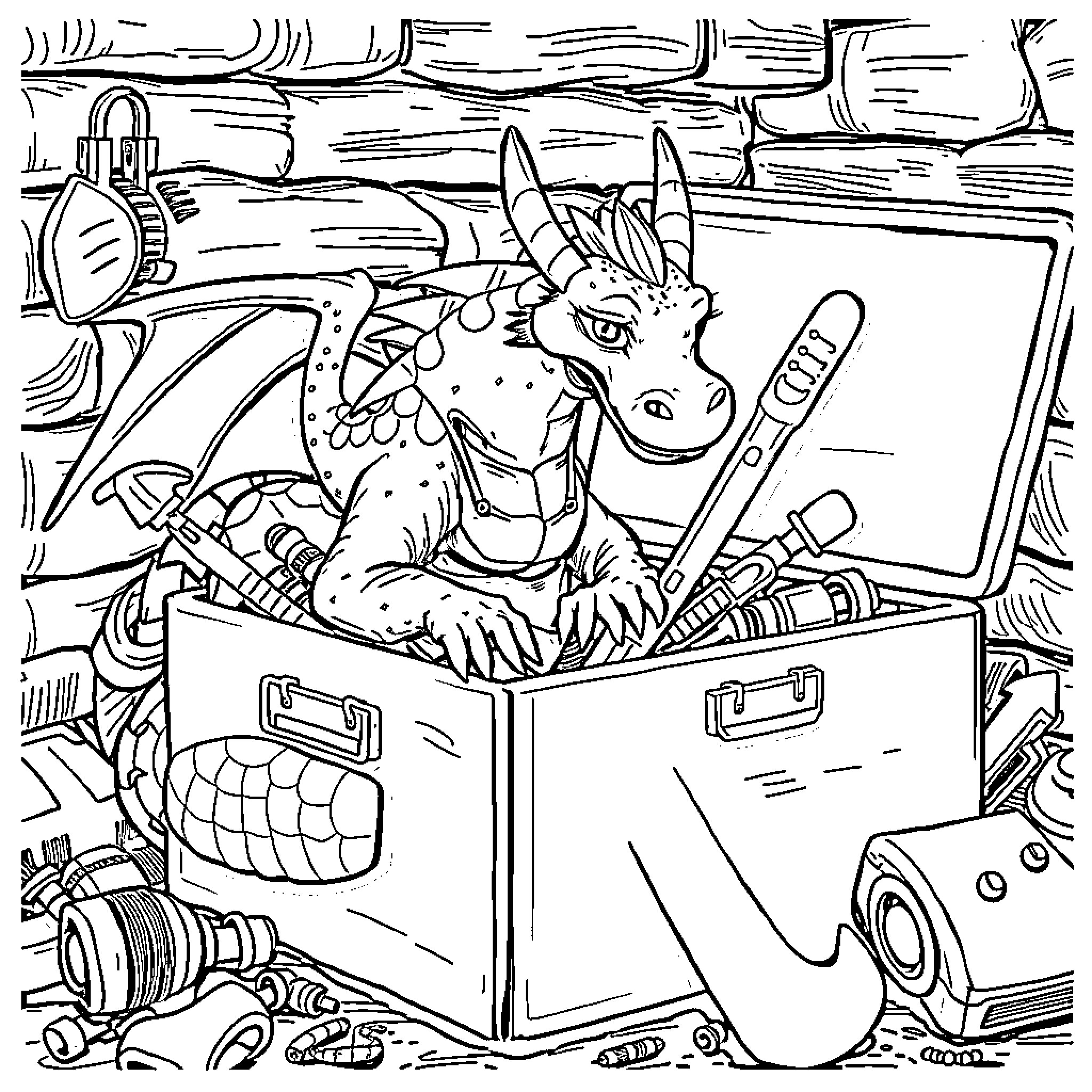 Dragon taking a rest in a messy workshop Coloring Page (free black-and-white line drawing printable PDF for all, from beginners to advanced learners, including children, teens, adults, and seniors)