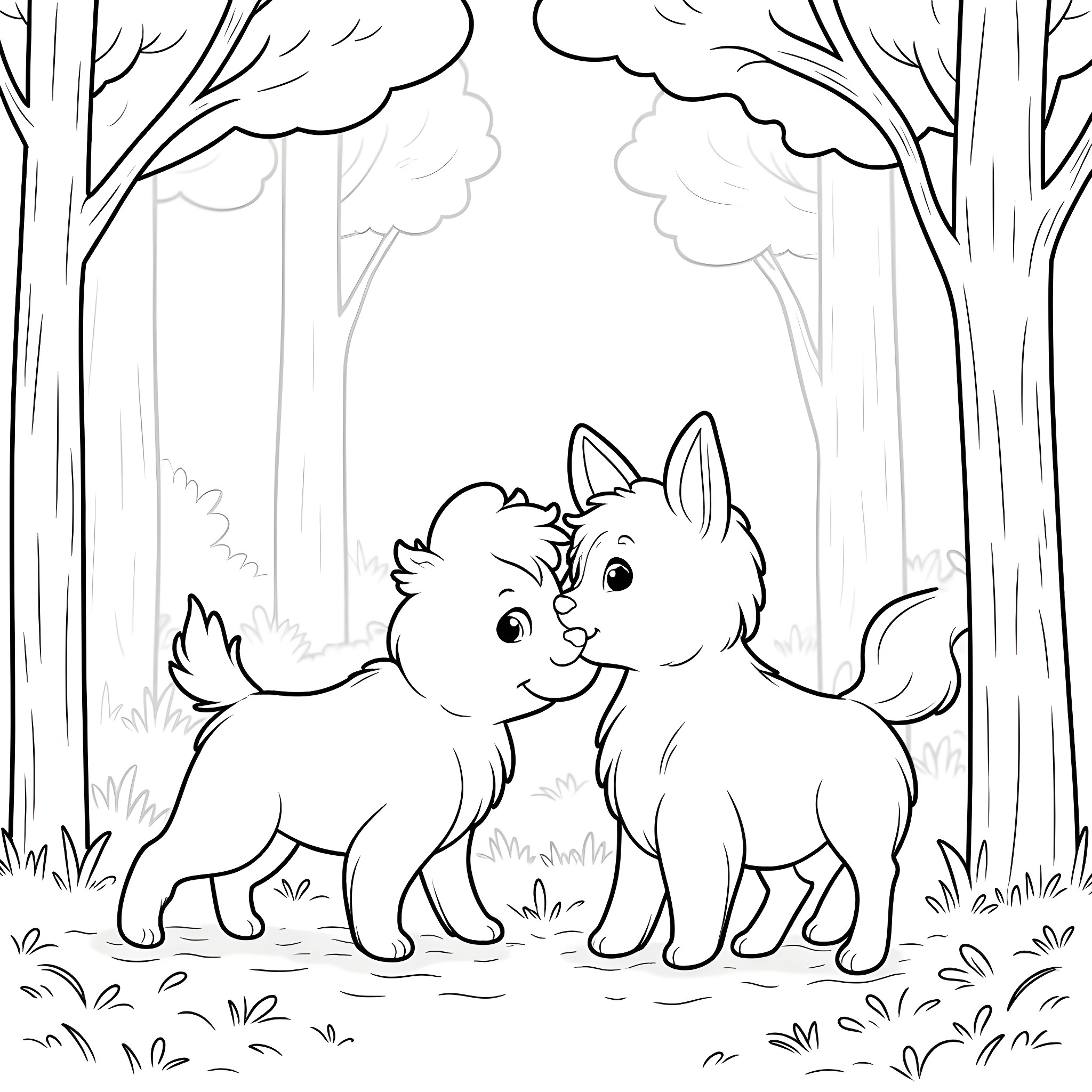 Bluey and friends playing in the forest Coloring Page (free black-and-white line drawing printable PDF for all, from beginners to advanced learners, including children, teens, adults, and seniors)