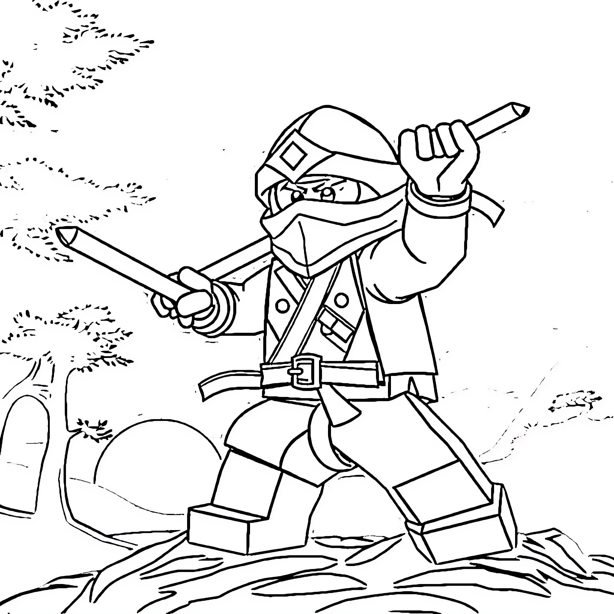 Ninja warrior in fierce battle stance Coloring Page (free black-and-white line drawing printable PDF for all, from beginners to advanced learners, including children, teens, adults, and seniors)
