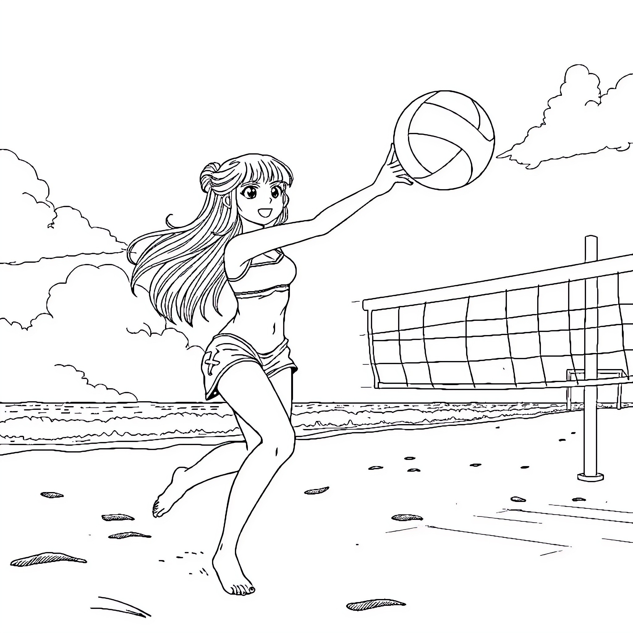 Lisanna playing beach volleyball with enthusiasm Coloring Page (free black-and-white line drawing printable PDF for all, from beginners to advanced learners, including children, teens, adults, and seniors)