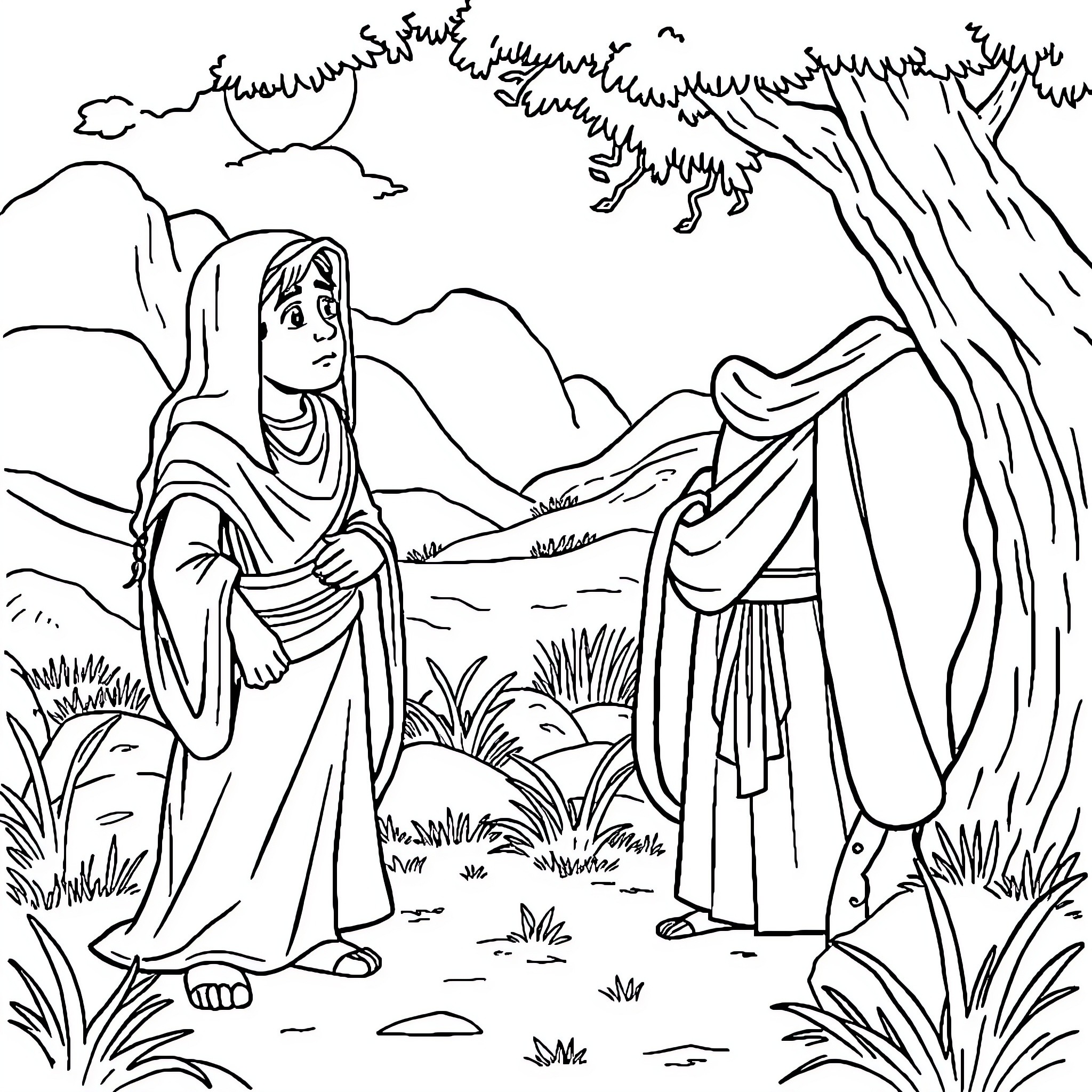 Balak Encounters the Angelic Figure in the Wilderness Coloring Page (free black-and-white line drawing printable PDF for all, from beginners to advanced learners, including children, teens, adults, and seniors)