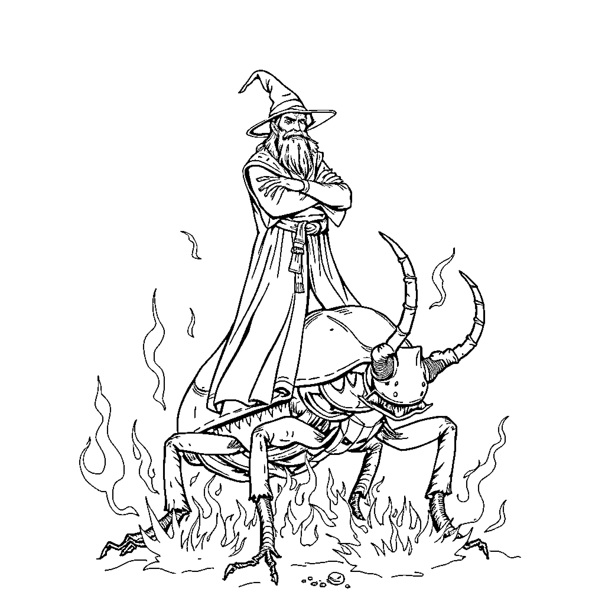 Wizard casting spells with a demonic creature Coloring Page (free black-and-white line drawing printable PDF for all, from beginners to advanced learners, including children, teens, adults, and seniors)