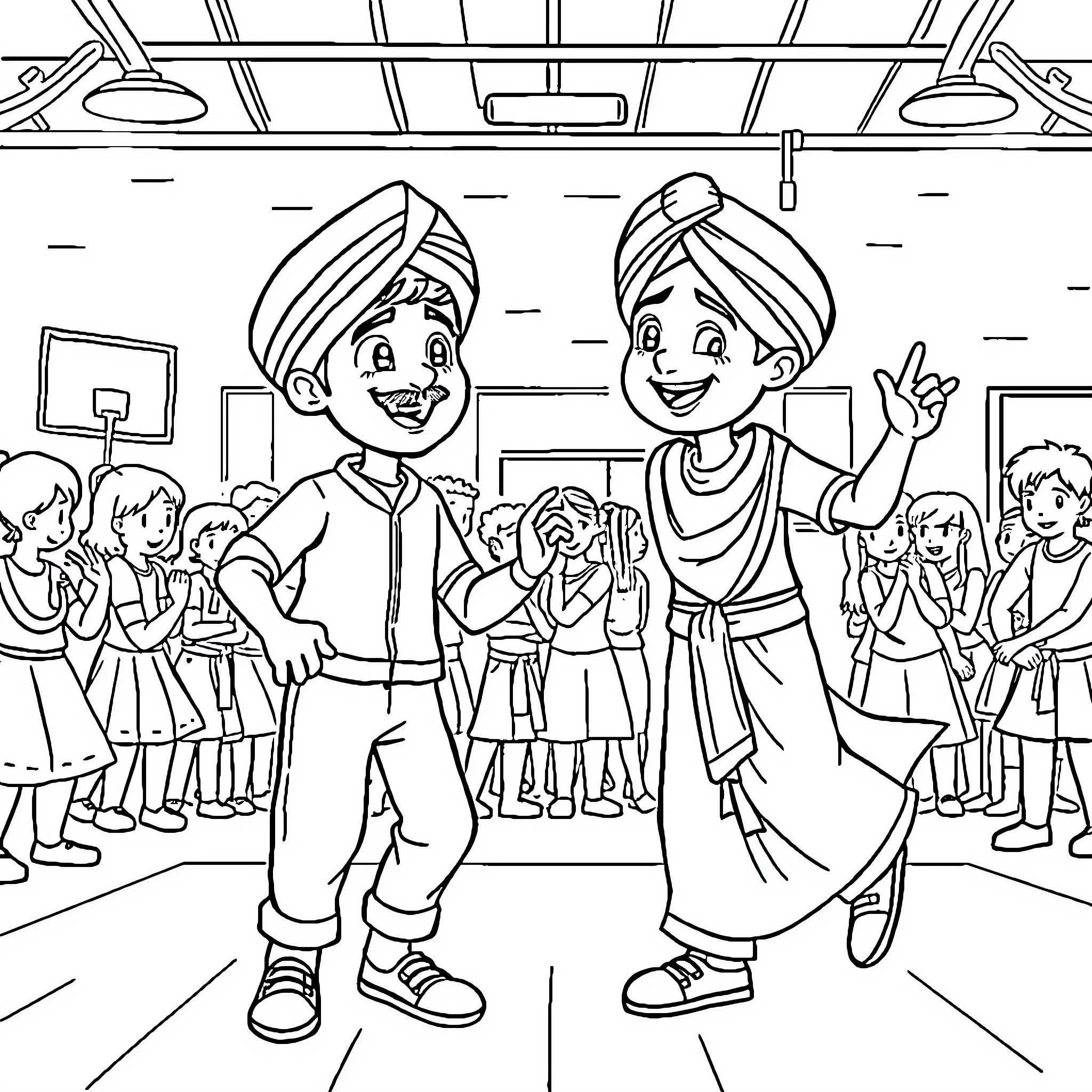 Bob and Aladdin perform happily at school event Coloring Page (free black-and-white line drawing printable PDF for all, from beginners to advanced learners, including children, teens, adults, and seniors)