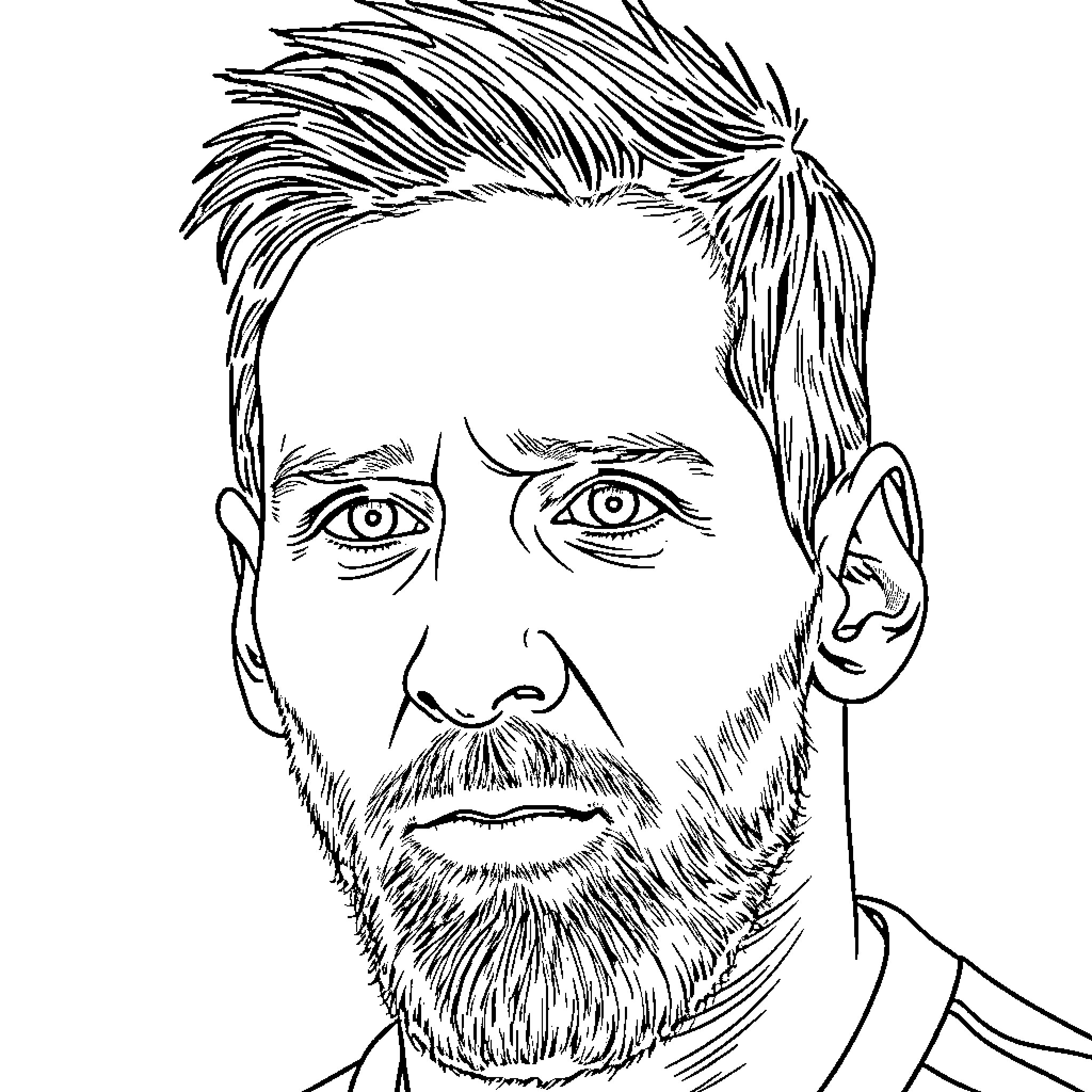 Leo Messi in thoughtful contemplation Coloring Page (free black-and-white line drawing printable PDF for all, from beginners to advanced learners, including children, teens, adults, and seniors)