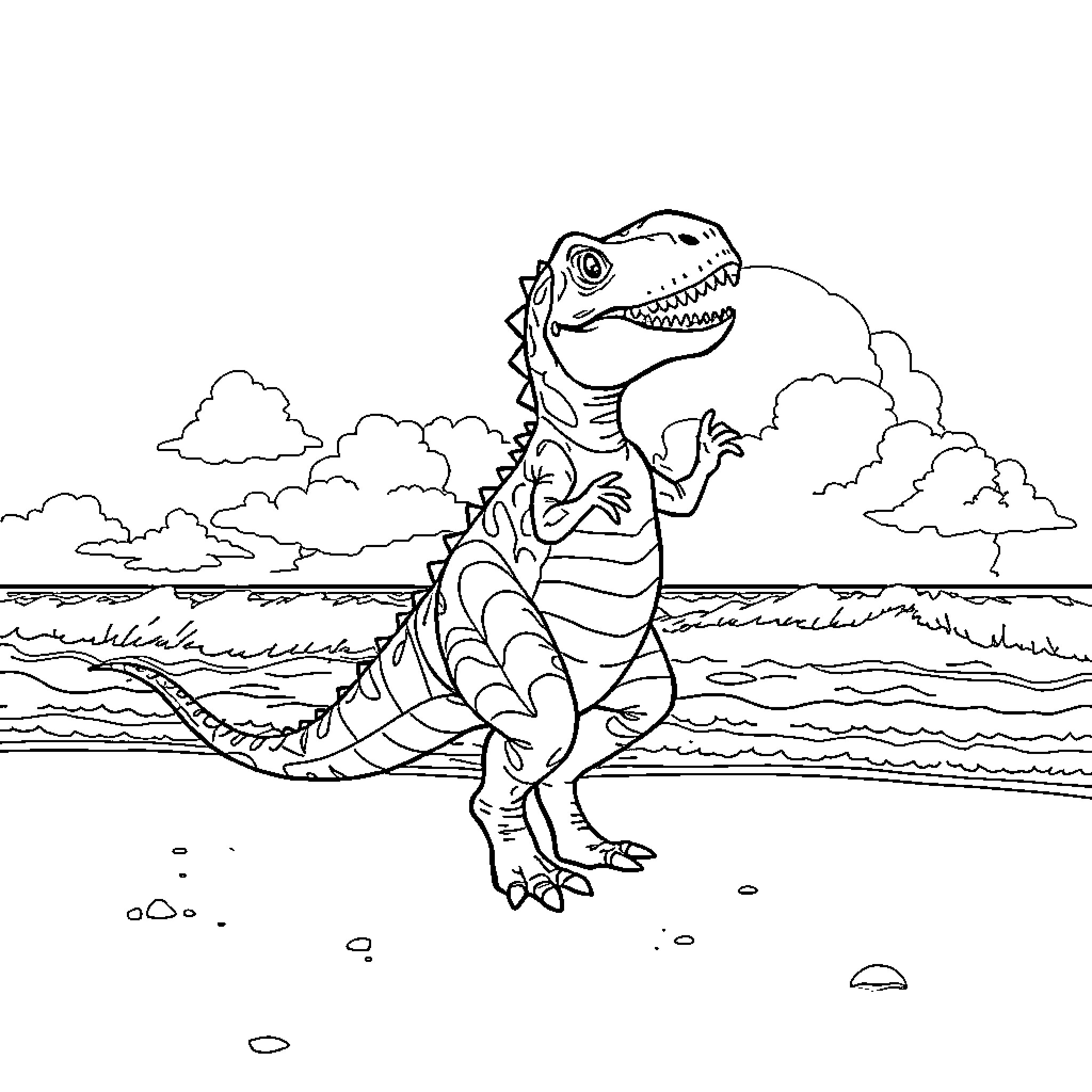 Dinosaur enjoying the beach scenery Coloring Page (free black-and-white line drawing printable PDF for all, from beginners to advanced learners, including children, teens, adults, and seniors)
