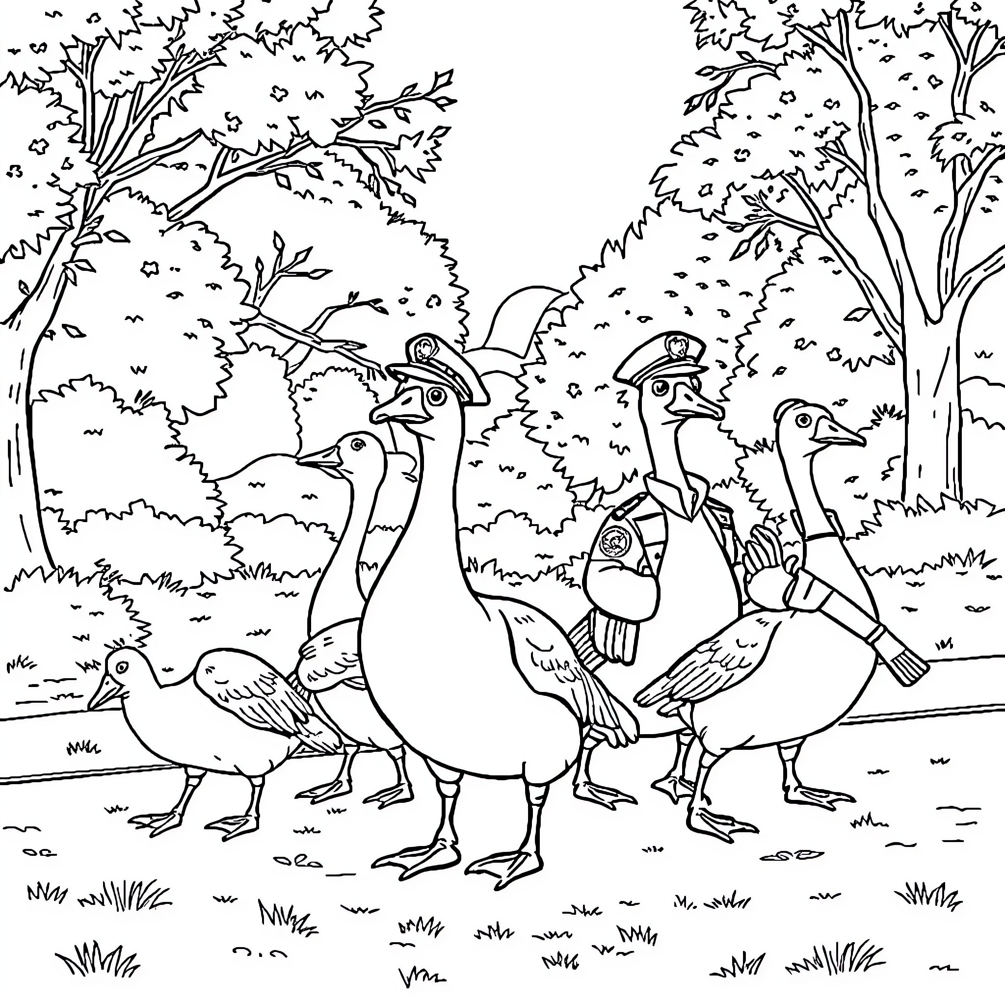 Goose family exploring the forest Coloring Page (free black-and-white line drawing printable PDF for all, from beginners to advanced learners, including children, teens, adults, and seniors)