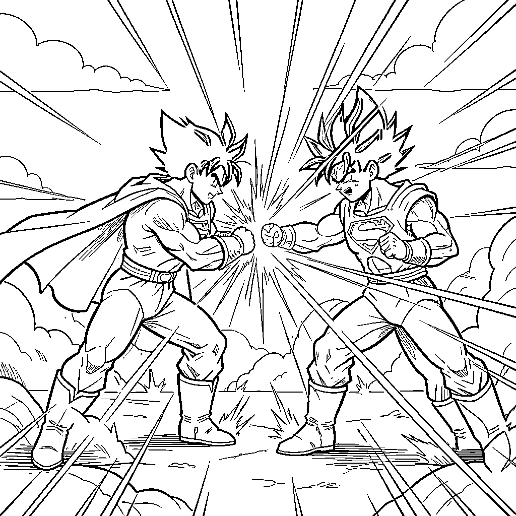 Superman style characters engaged in an intense battle Coloring Page (free black-and-white line drawing printable PDF for all, from beginners to advanced learners, including children, teens, adults, and seniors)