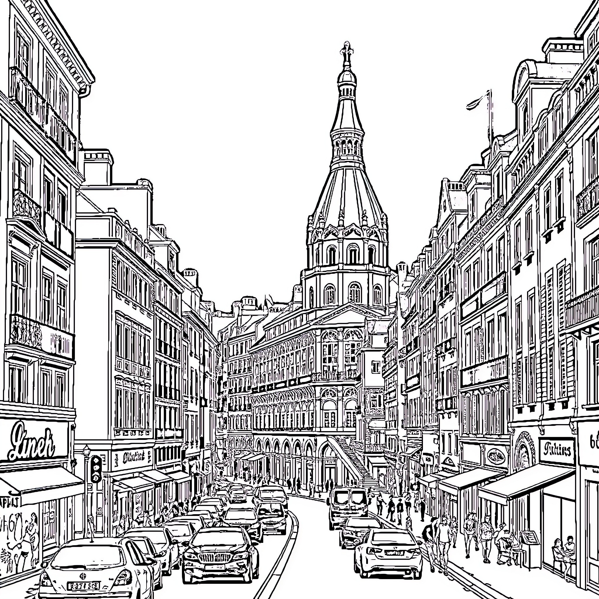 Lion on a cityscape with architectural landmarks Coloring Page (free black-and-white line drawing printable PDF for all, from beginners to advanced learners, including children, teens, adults, and seniors)
