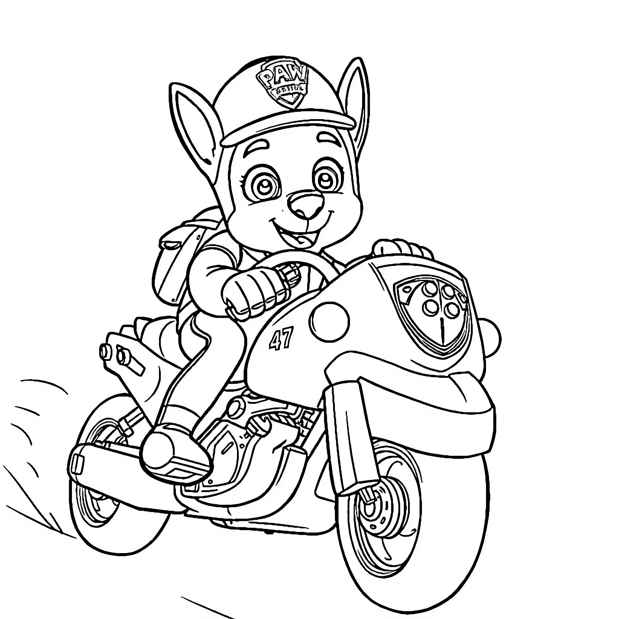 Chase the Pup on Motorcycle Coloring Page (free black-and-white line drawing printable PDF for all, from beginners to advanced learners, including children, teens, adults, and seniors)