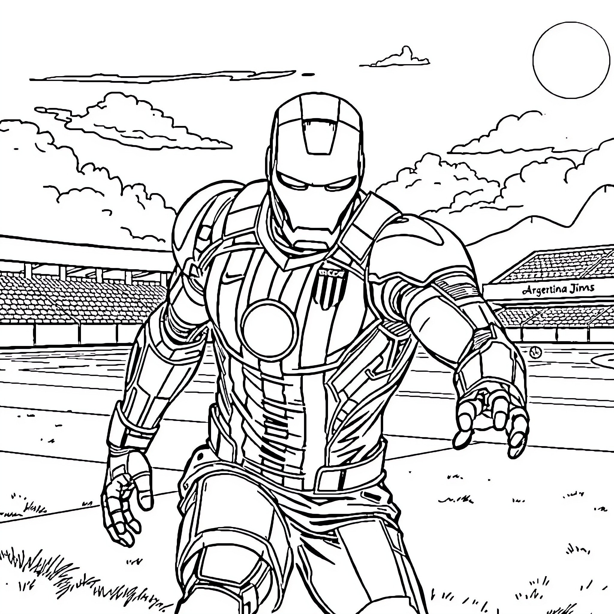 Iron Man readying for action in an outdoor scene Coloring Page (free black-and-white line drawing printable PDF for all, from beginners to advanced learners, including children, teens, adults, and seniors)