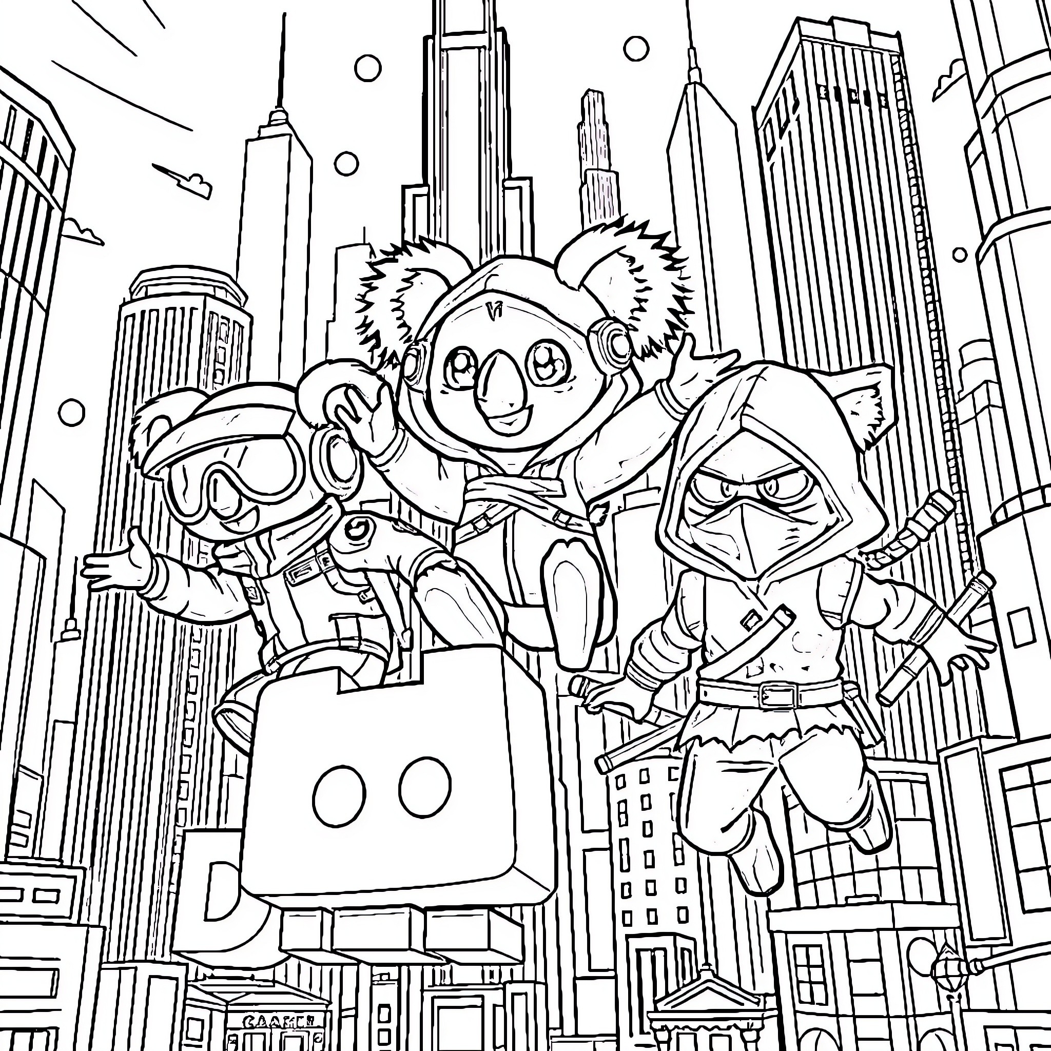 Koala superhero team exploring urban skyline Coloring Page (free black-and-white line drawing printable PDF for all, from beginners to advanced learners, including children, teens, adults, and seniors)
