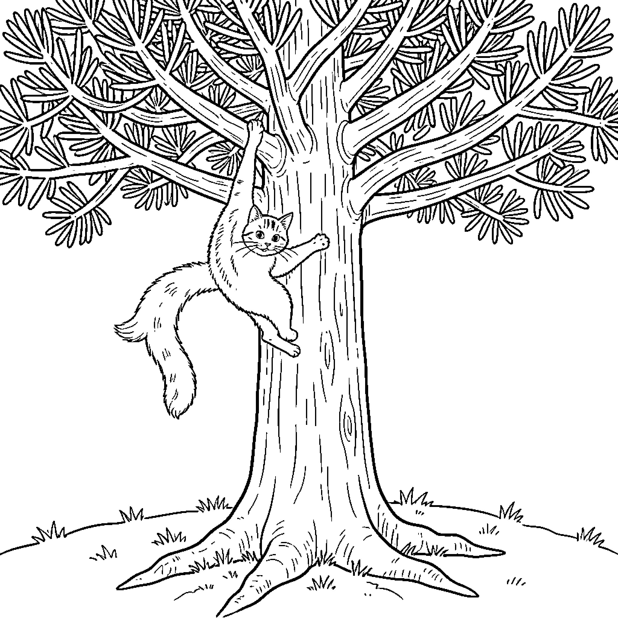 Cat climbing up a tree with branches Coloring Page (free black-and-white line drawing printable PDF for all, from beginners to advanced learners, including children, teens, adults, and seniors)