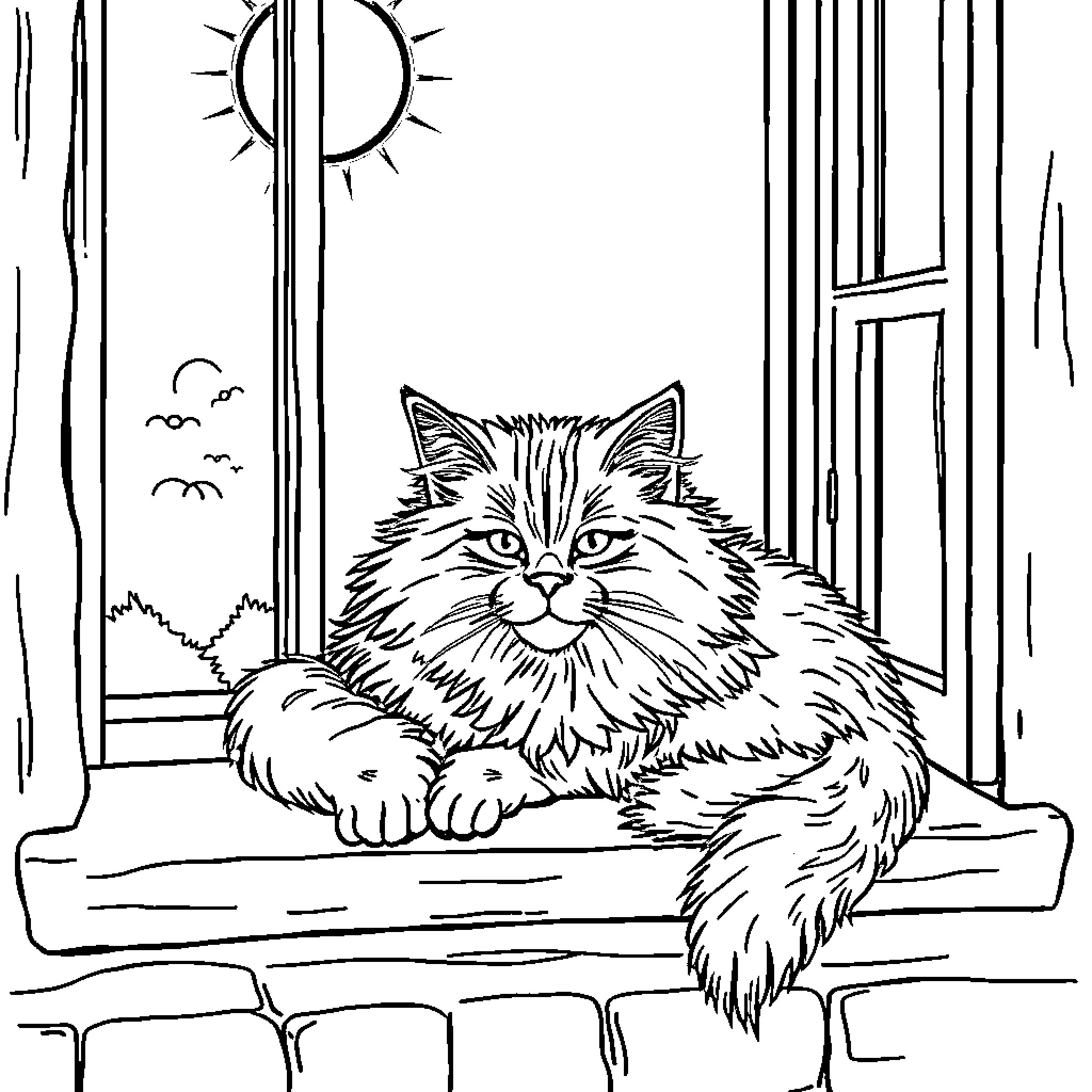 Cat sitting contentedly on a window sill Coloring Page (free black-and-white line drawing printable PDF for all, from beginners to advanced learners, including children, teens, adults, and seniors)