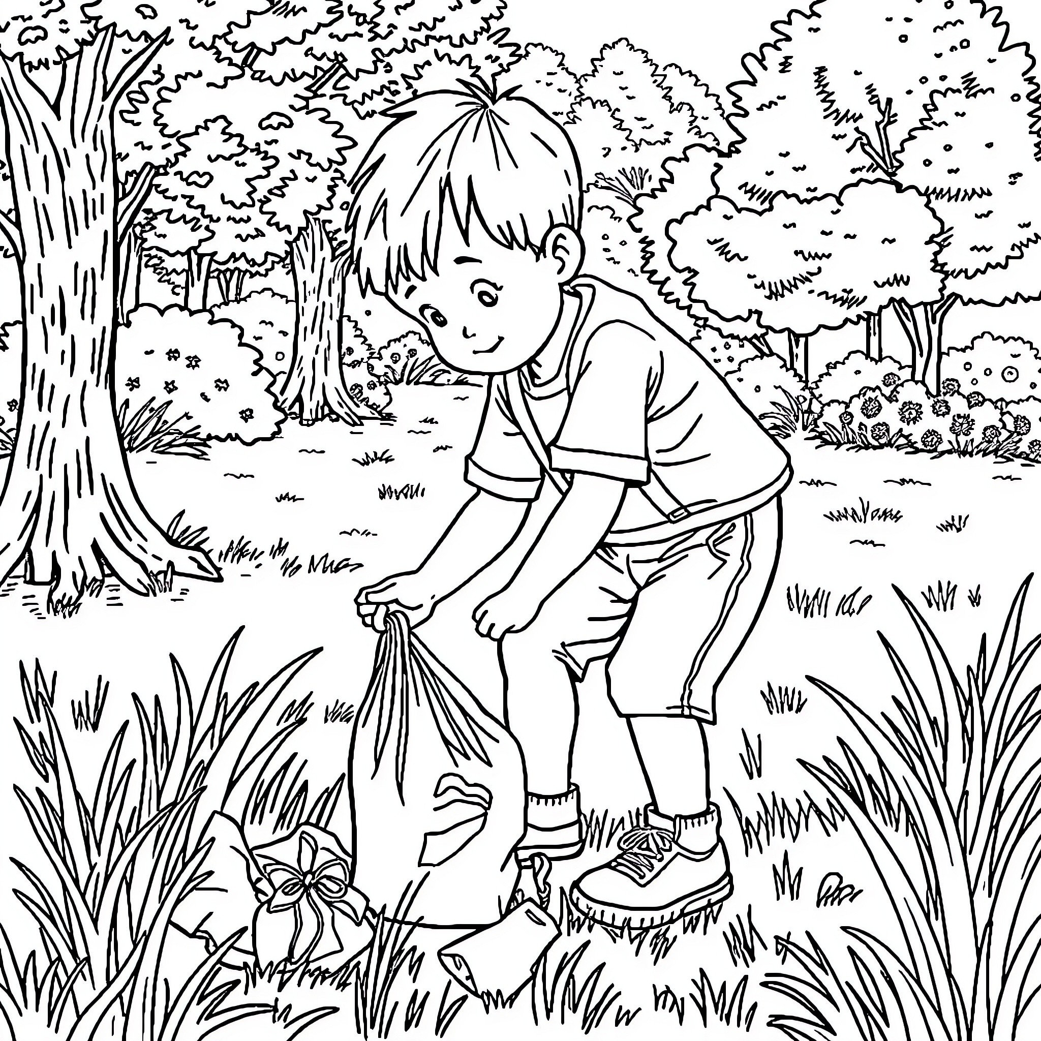 Kid exploring the lush forest surroundings Coloring Page (free black-and-white line drawing printable PDF for all, from beginners to advanced learners, including children, teens, adults, and seniors)