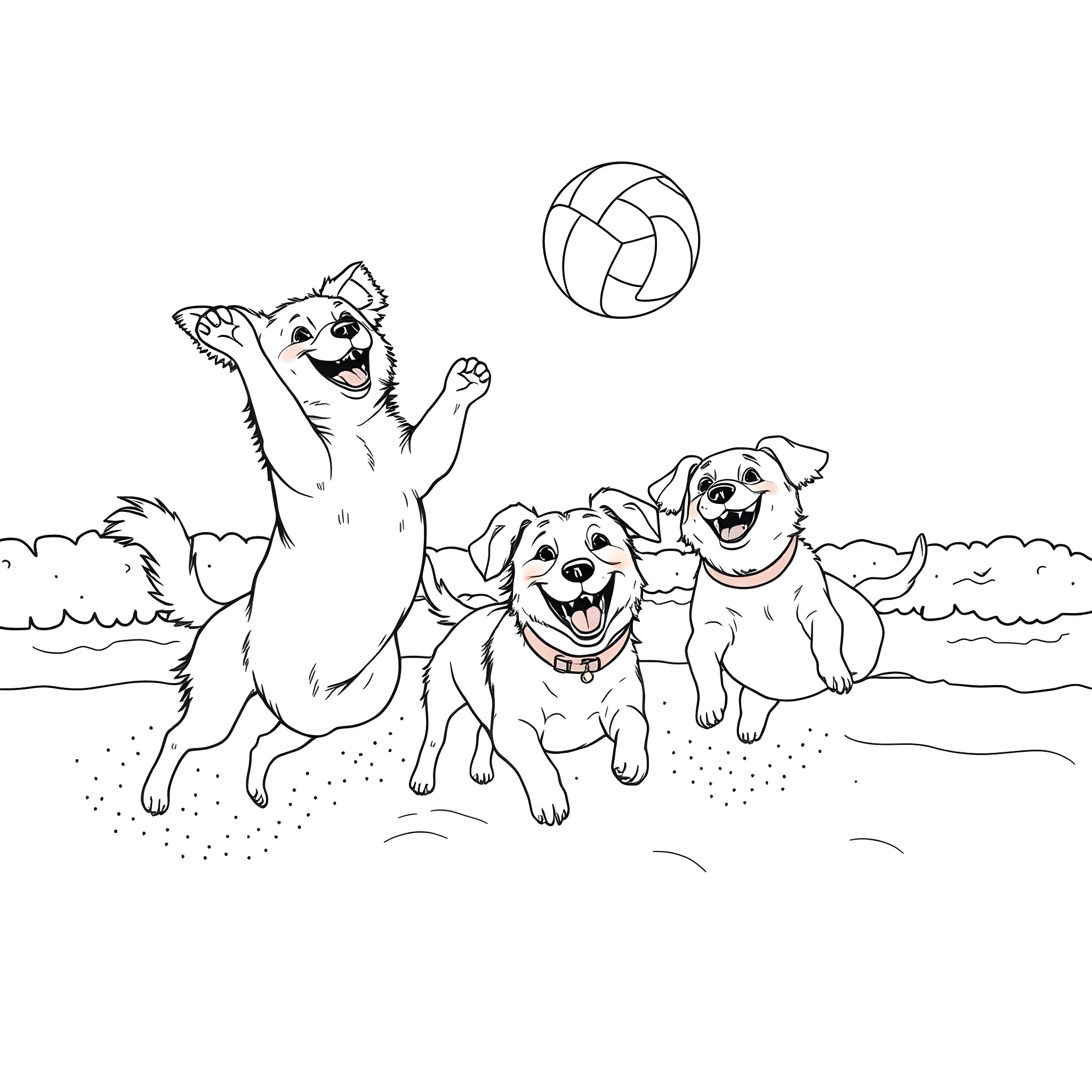 Dogs playing happily with a volleyball on the beach Coloring Page (free black-and-white line drawing printable PDF for all, from beginners to advanced learners, including children, teens, adults, and seniors)