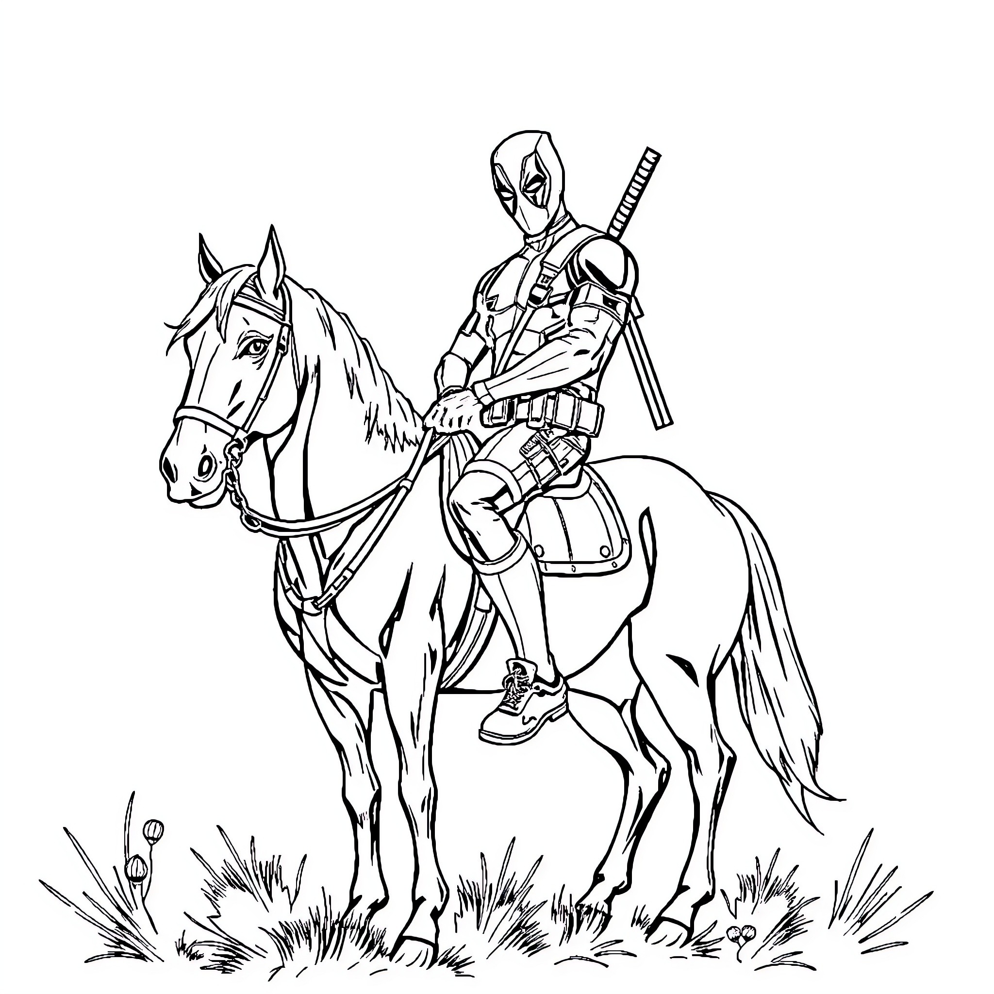 Deadpool riding a white horse in the wilderness Coloring Page (free black-and-white line drawing printable PDF for all, from beginners to advanced learners, including children, teens, adults, and seniors)