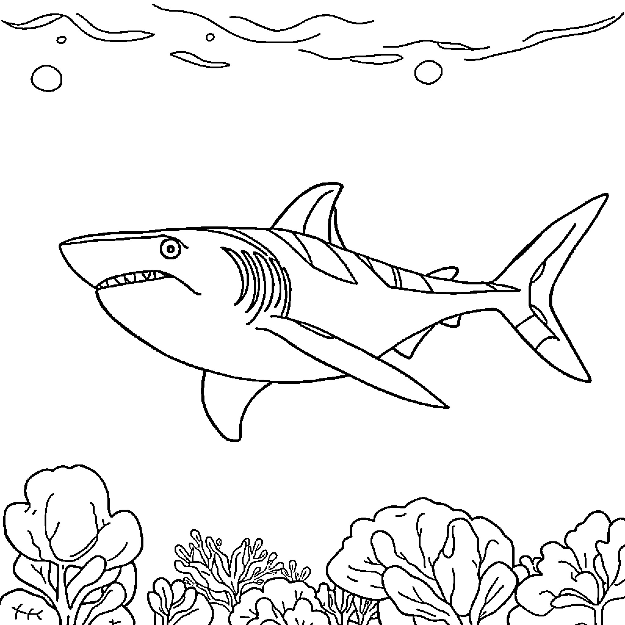 Shark swimming near underwater coral reef Coloring Page (free black-and-white line drawing printable PDF for all, from beginners to advanced learners, including children, teens, adults, and seniors)