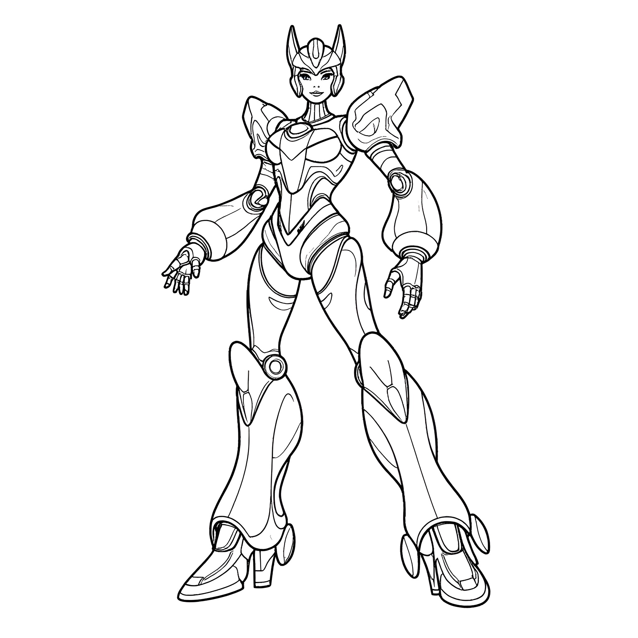 Barbie Futuristic Robotic Warrior in Action Pose Coloring Page (free black-and-white line drawing printable PDF for all, from beginners to advanced learners, including children, teens, adults, and seniors)