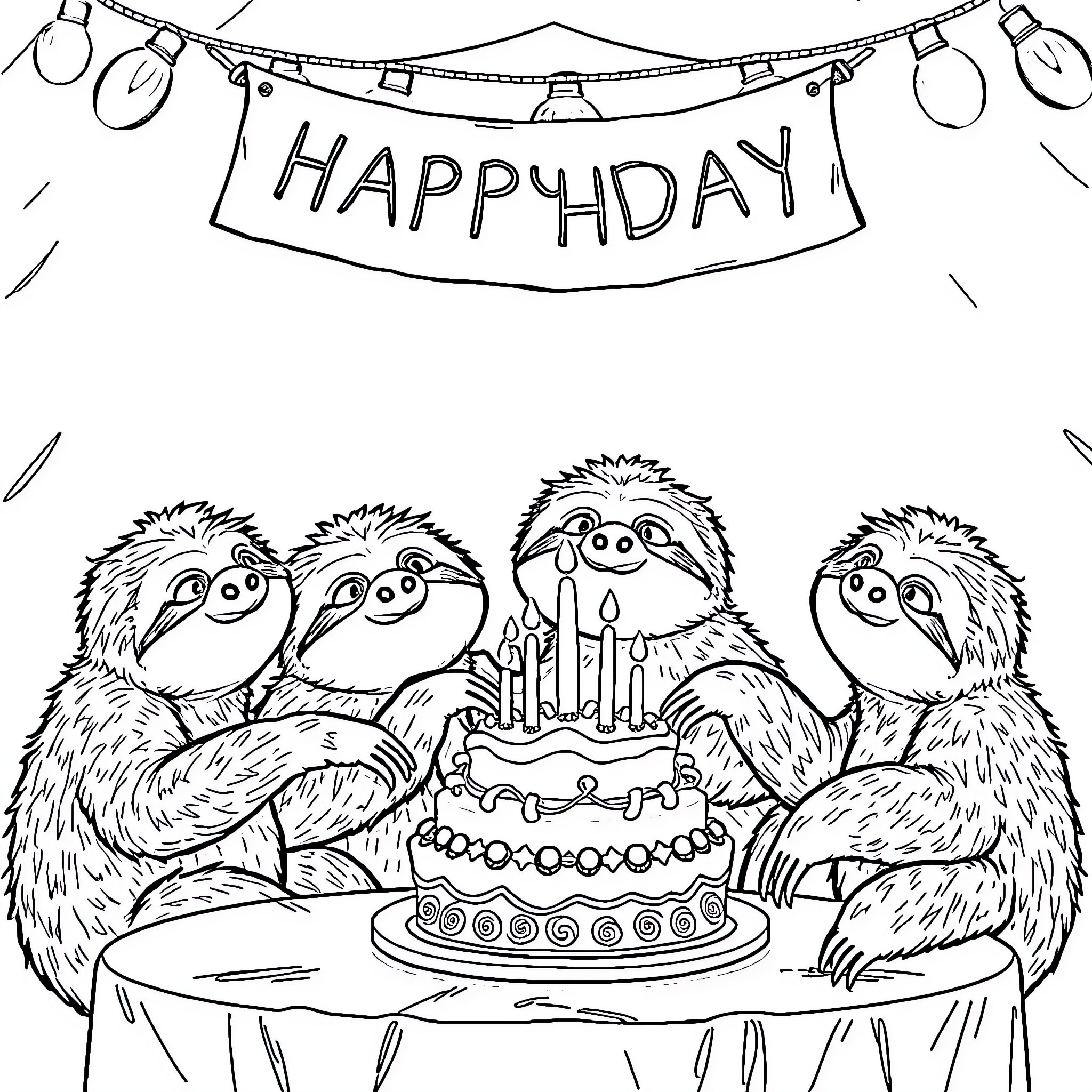 Sloth celebrating happily with cake and friends Coloring Page (free black-and-white line drawing printable PDF for all, from beginners to advanced learners, including children, teens, adults, and seniors)