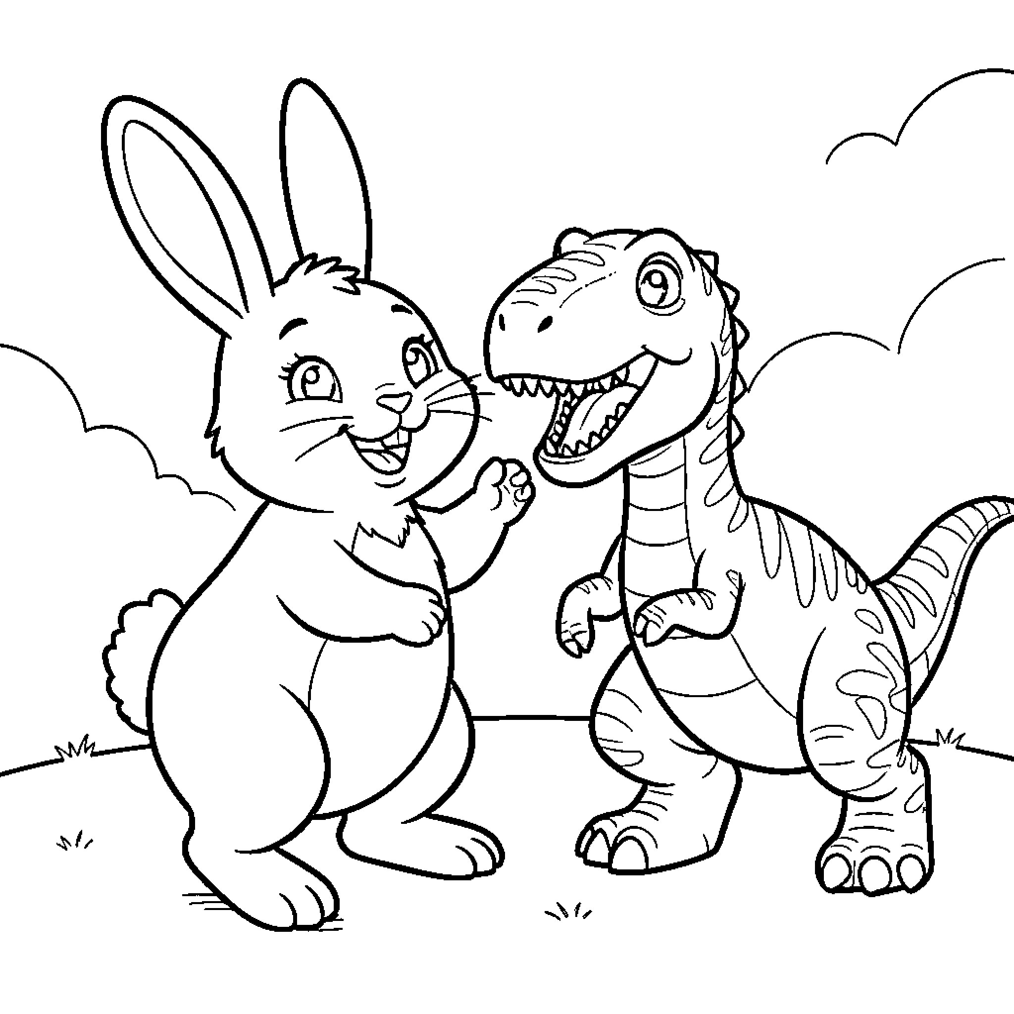 Rabbit smiling and talking to a friendly dinosaur Coloring Page (free black-and-white line drawing printable PDF for all, from beginners to advanced learners, including children, teens, adults, and seniors)
