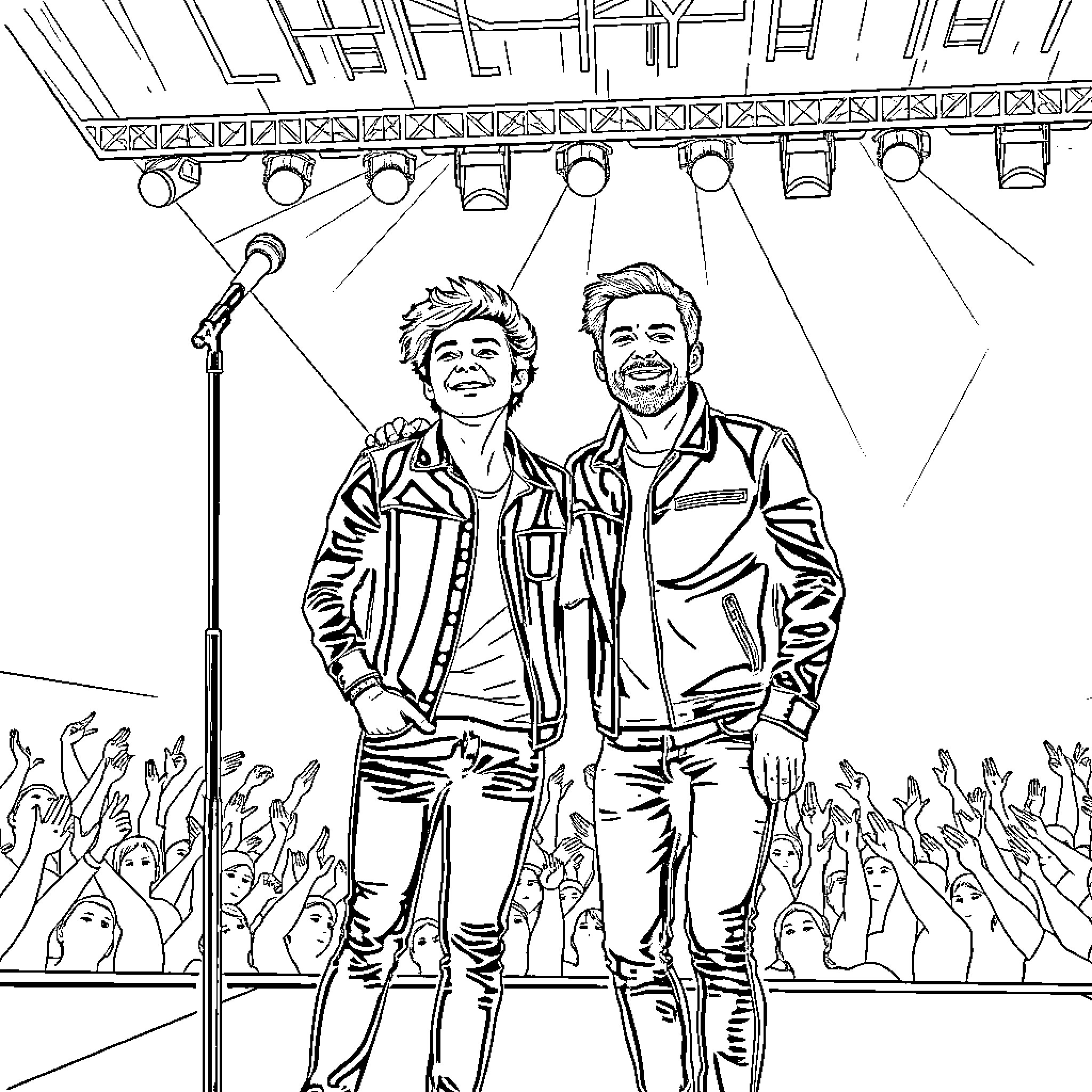Harry Styles and Man Performing on Stage Coloring Page (free black-and-white line drawing printable PDF for all, from beginners to advanced learners, including children, teens, adults, and seniors)
