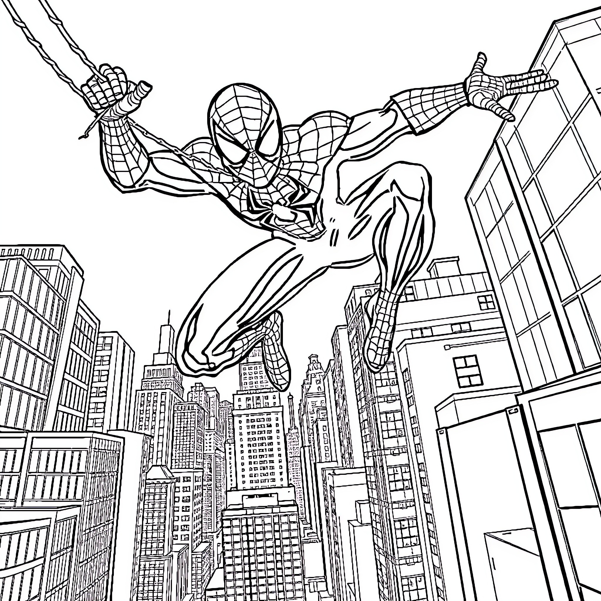 Spiderman swinging through the city skyline Coloring Page (free black-and-white line drawing printable PDF for all, from beginners to advanced learners, including children, teens, adults, and seniors)