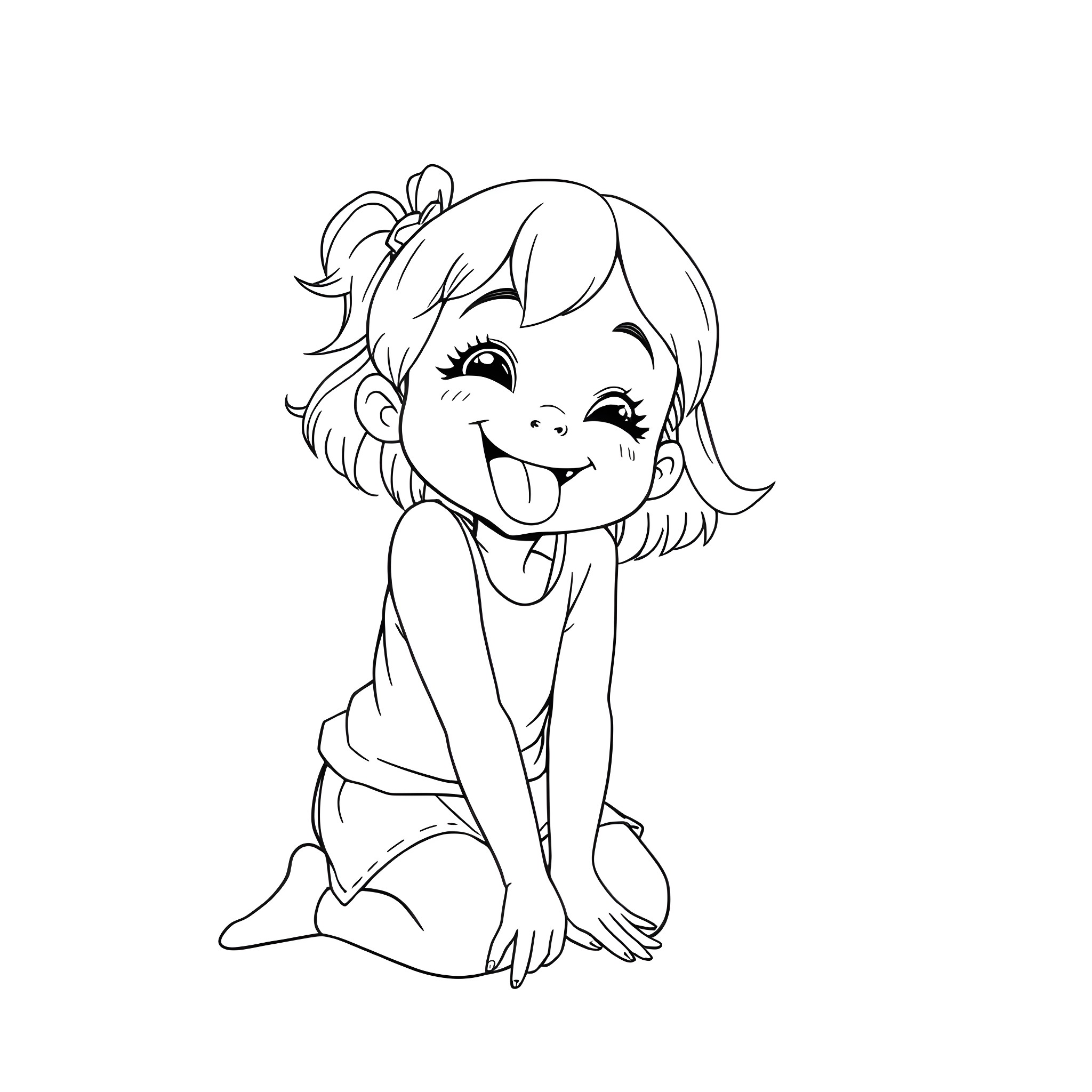 Girl Sitting and Playfully Sticking Out Tongue Coloring Page (free black-and-white line drawing printable PDF for all, from beginners to advanced learners, including children, teens, adults, and seniors)