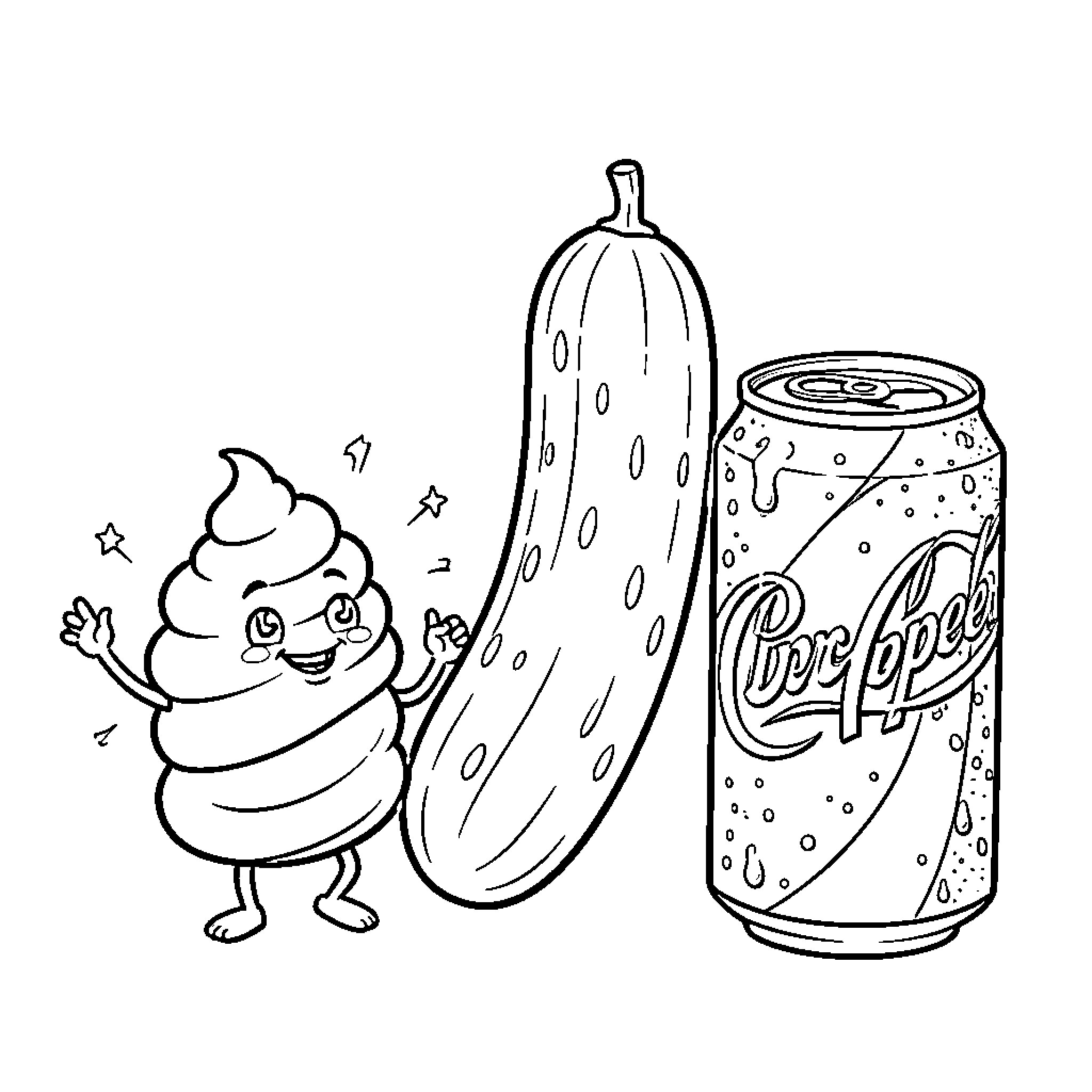 Poop character dancing excitedly with a pickle and soda Coloring Page (free black-and-white line drawing printable PDF for all, from beginners to advanced learners, including children, teens, adults, and seniors)