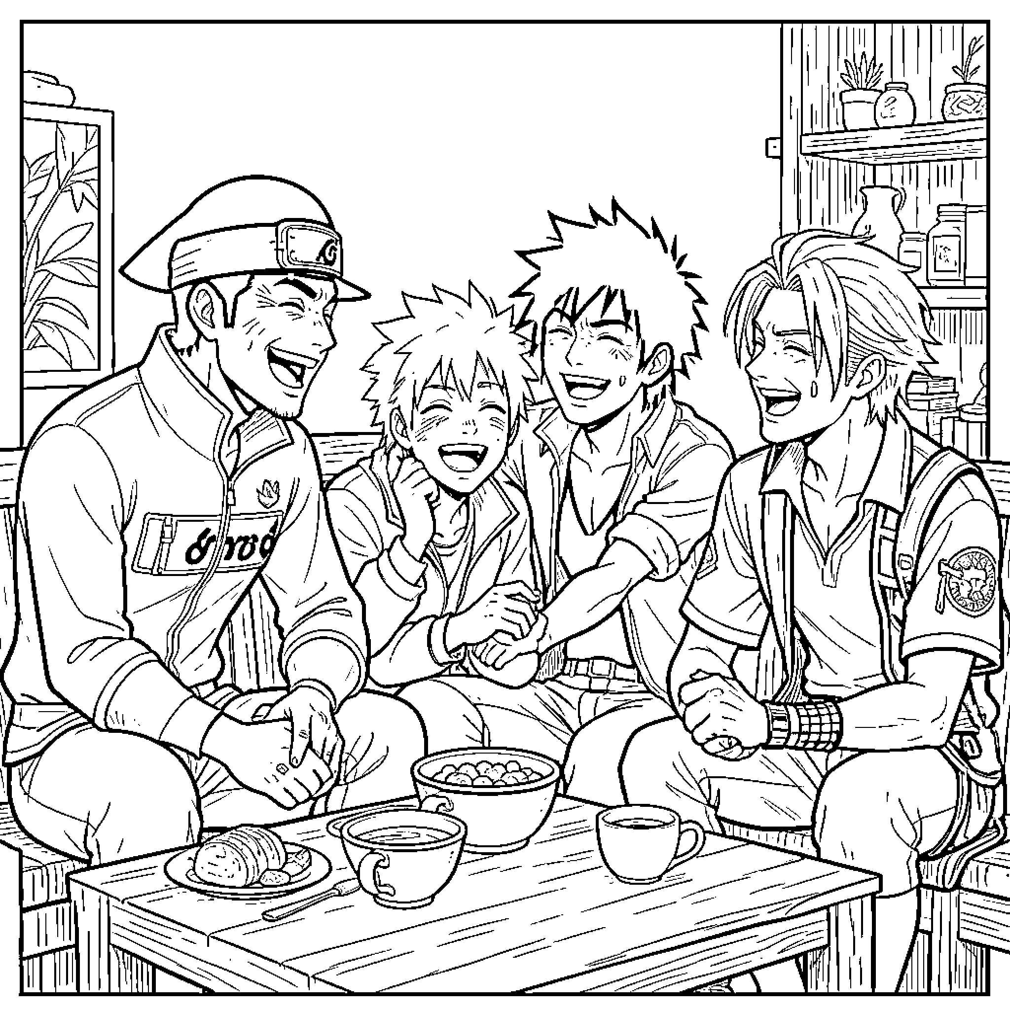 Characters laughing together while enjoying snacks at a table Coloring Page (free black-and-white line drawing printable PDF for all, from beginners to advanced learners, including children, teens, adults, and seniors)