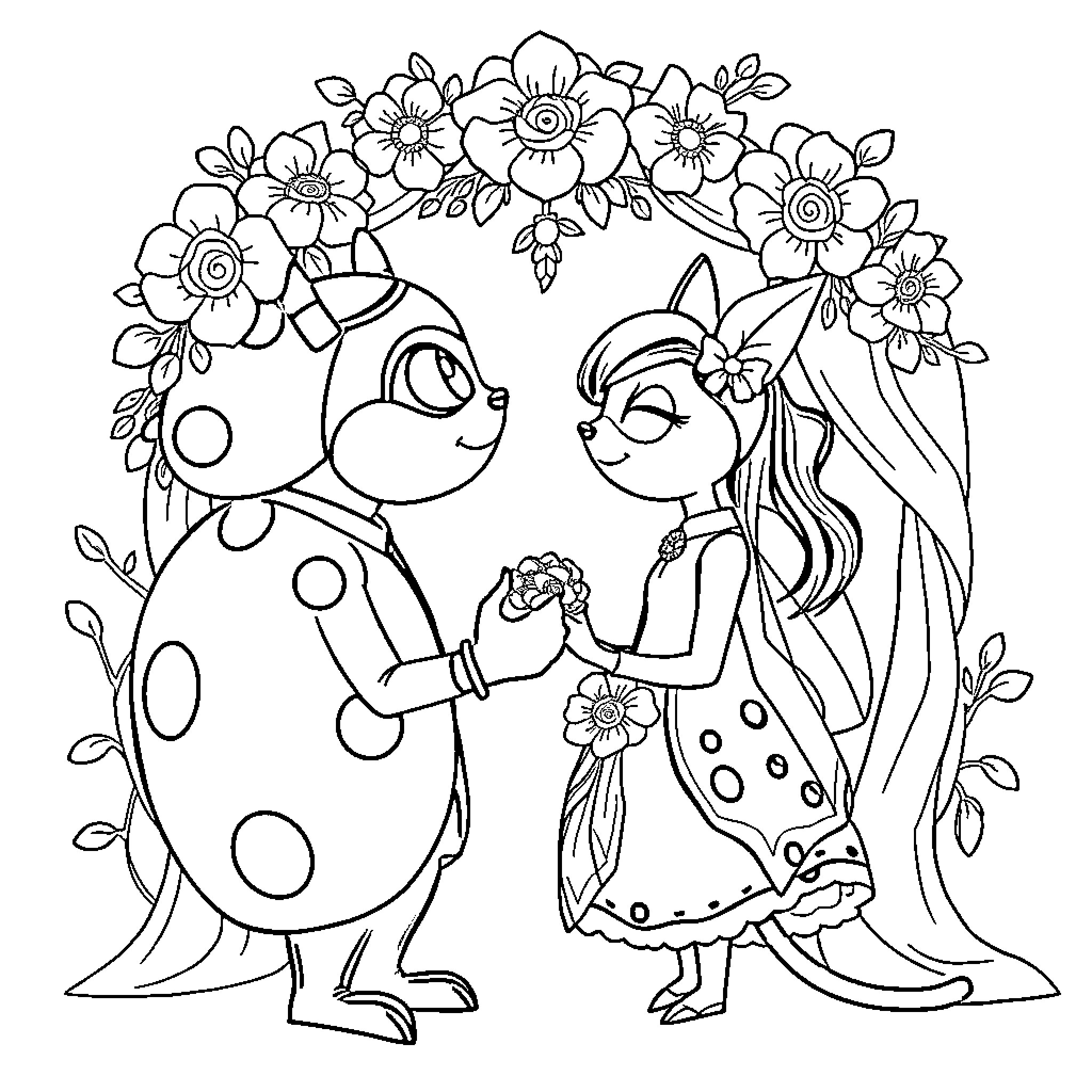 Ladybug friends enjoying a floral celebration Coloring Page (free black-and-white line drawing printable PDF for all, from beginners to advanced learners, including children, teens, adults, and seniors)