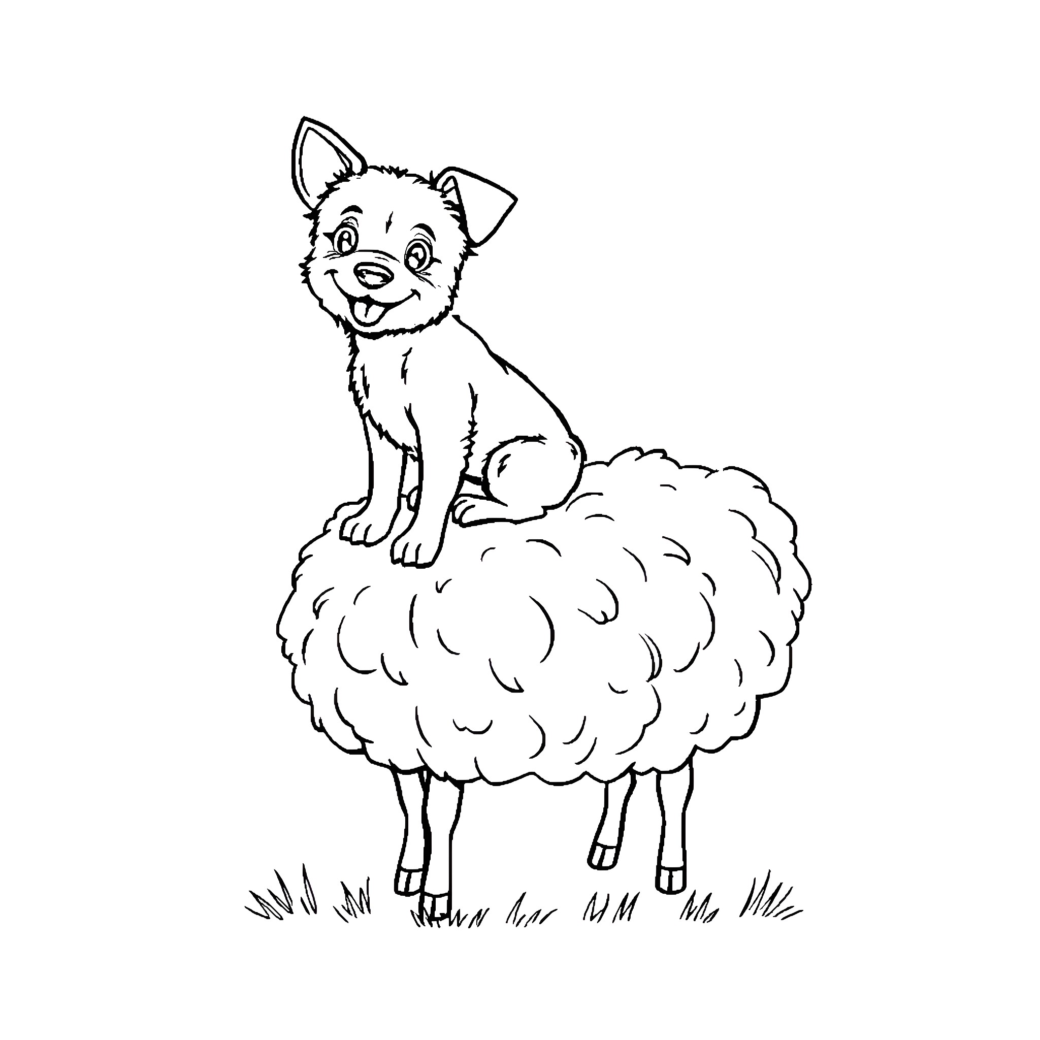 Dog sitting on a fluffy sheep Coloring Page (free black-and-white line drawing printable PDF for all, from beginners to advanced learners, including children, teens, adults, and seniors)