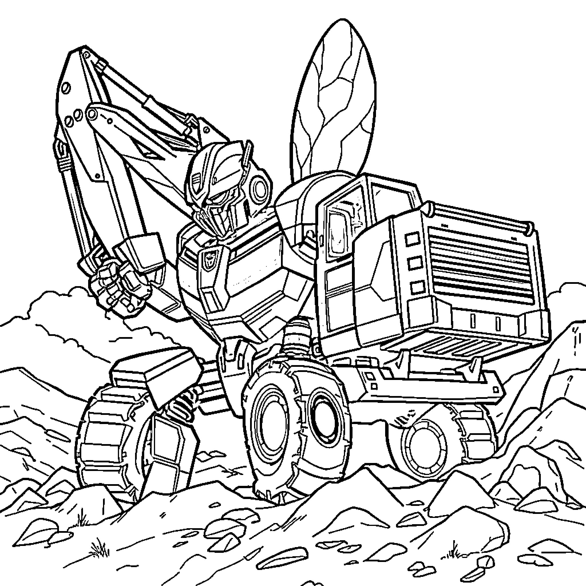 Bumblebee operating a heavy machinery vehicle Coloring Page (free black-and-white line drawing printable PDF for all, from beginners to advanced learners, including children, teens, adults, and seniors)
