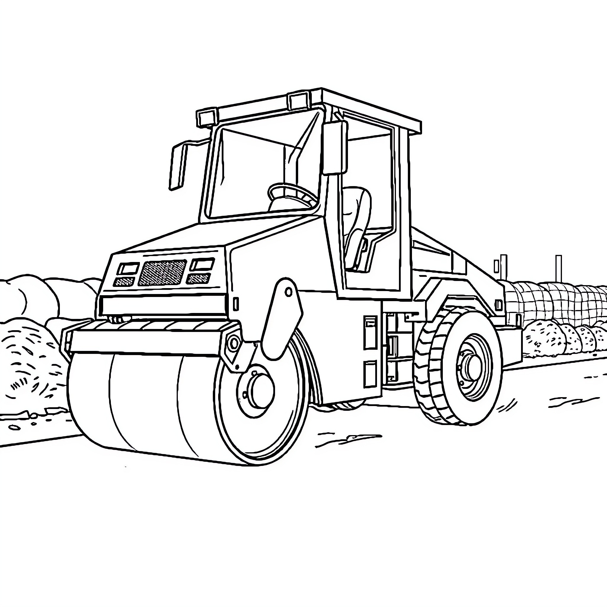 Road Roller compacting dirt on construction site Coloring Page (free black-and-white line drawing printable PDF for all, from beginners to advanced learners, including children, teens, adults, and seniors)
