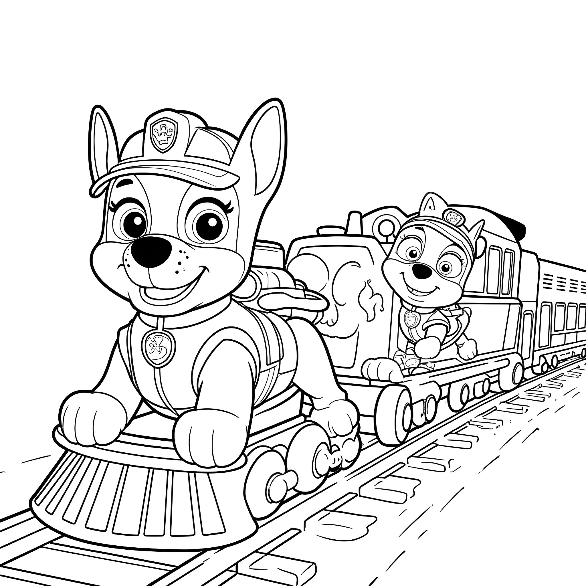 Paw Patrol pups riding the train Coloring Page (free black-and-white line drawing printable PDF for all, from beginners to advanced learners, including children, teens, adults, and seniors)