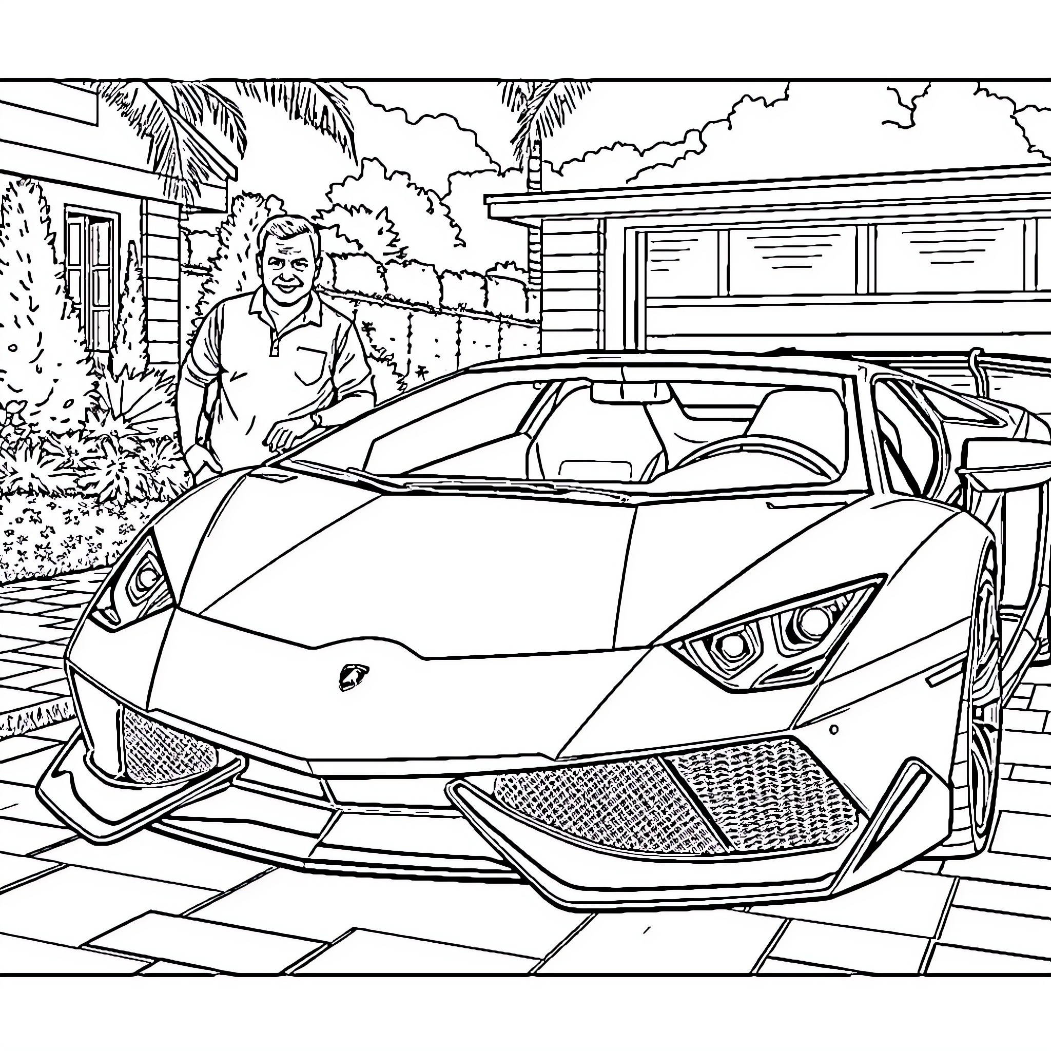 Lamborghini sports car with man in tropical setting Coloring Page (free black-and-white line drawing printable PDF for all, from beginners to advanced learners, including children, teens, adults, and seniors)