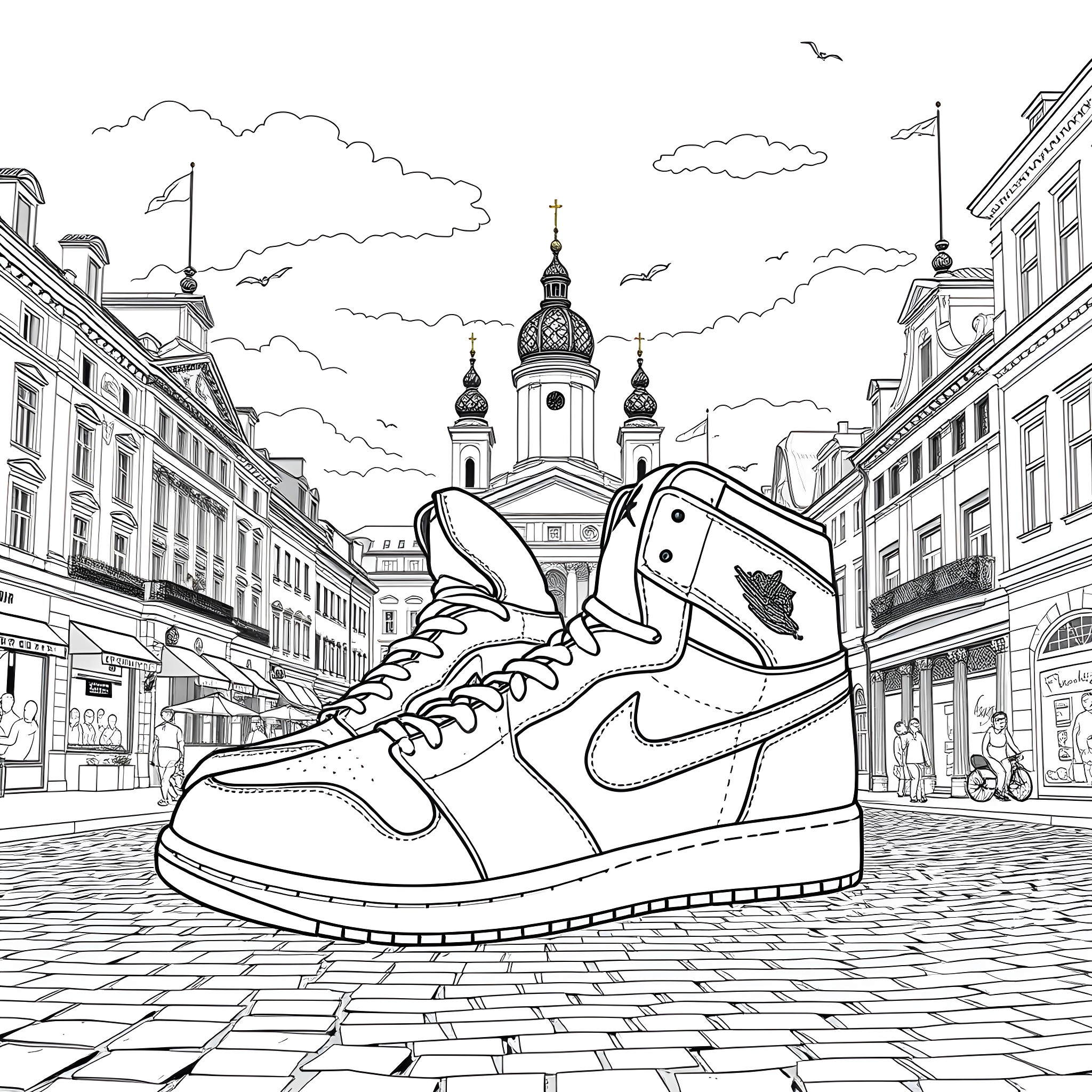 Jordan 1 sneakers in a city street scene Coloring Page (free black-and-white line drawing printable PDF for all, from beginners to advanced learners, including children, teens, adults, and seniors)