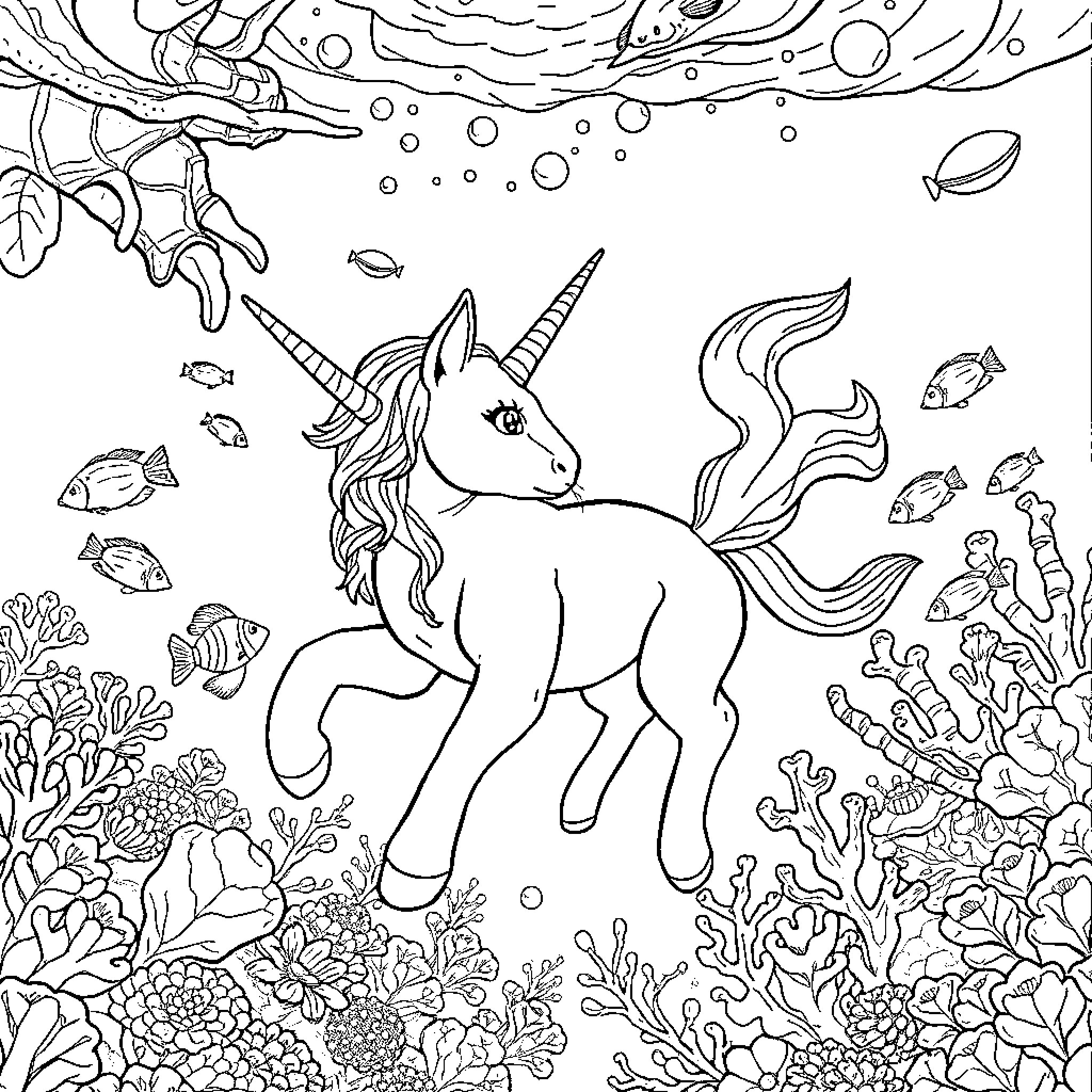Unicorn Cat swimming among underwater coral reef Coloring Page (free black-and-white line drawing printable PDF for all, from beginners to advanced learners, including children, teens, adults, and seniors)