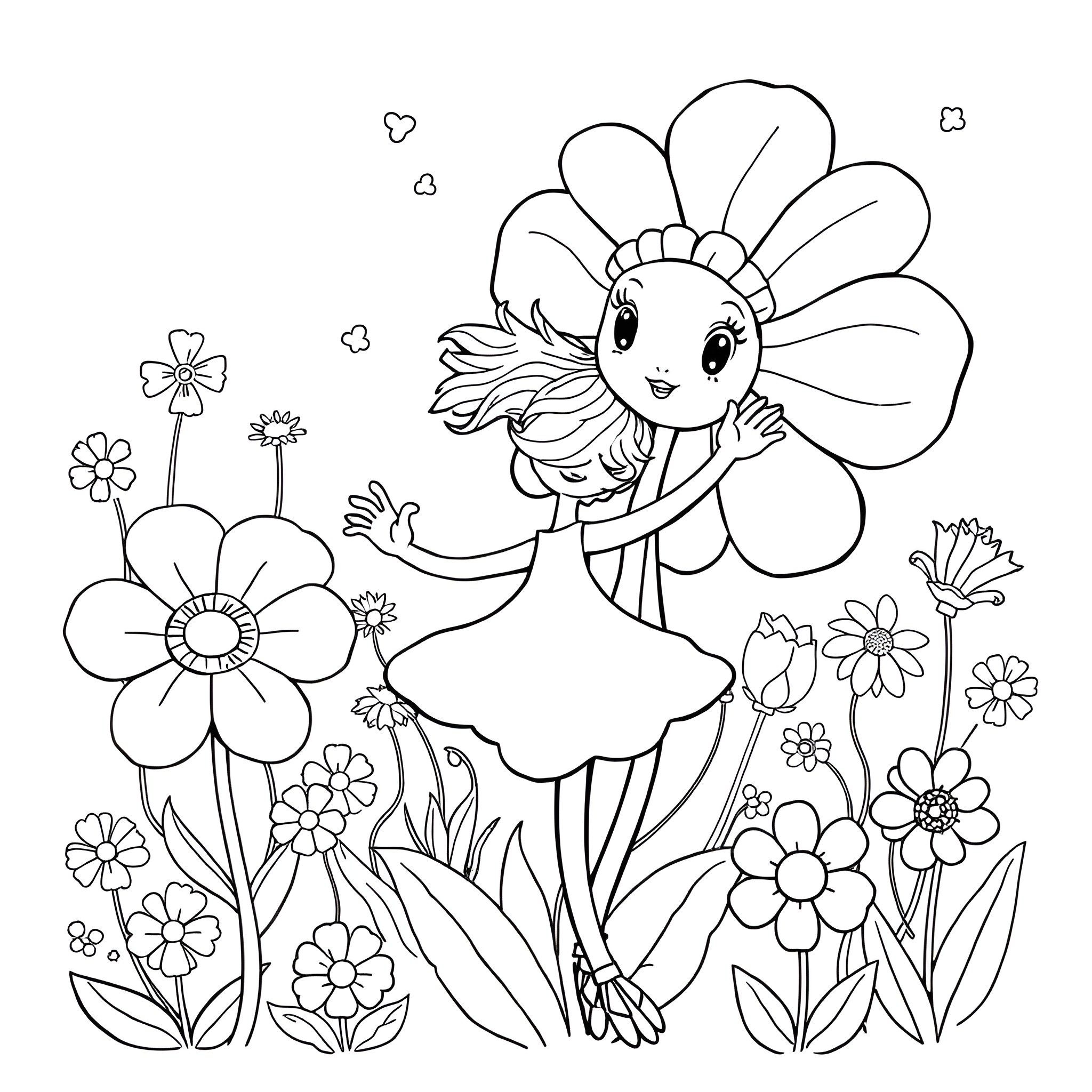 Flower fairy dancing among blooming flowers Coloring Page (free black-and-white line drawing printable PDF for all, from beginners to advanced learners, including children, teens, adults, and seniors)