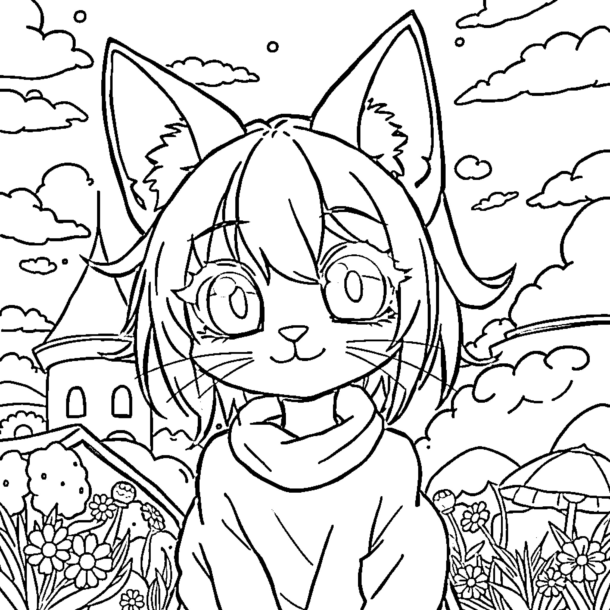 Catgirl enjoying the outdoors Coloring Page (free black-and-white line drawing printable PDF for all, from beginners to advanced learners, including children, teens, adults, and seniors)