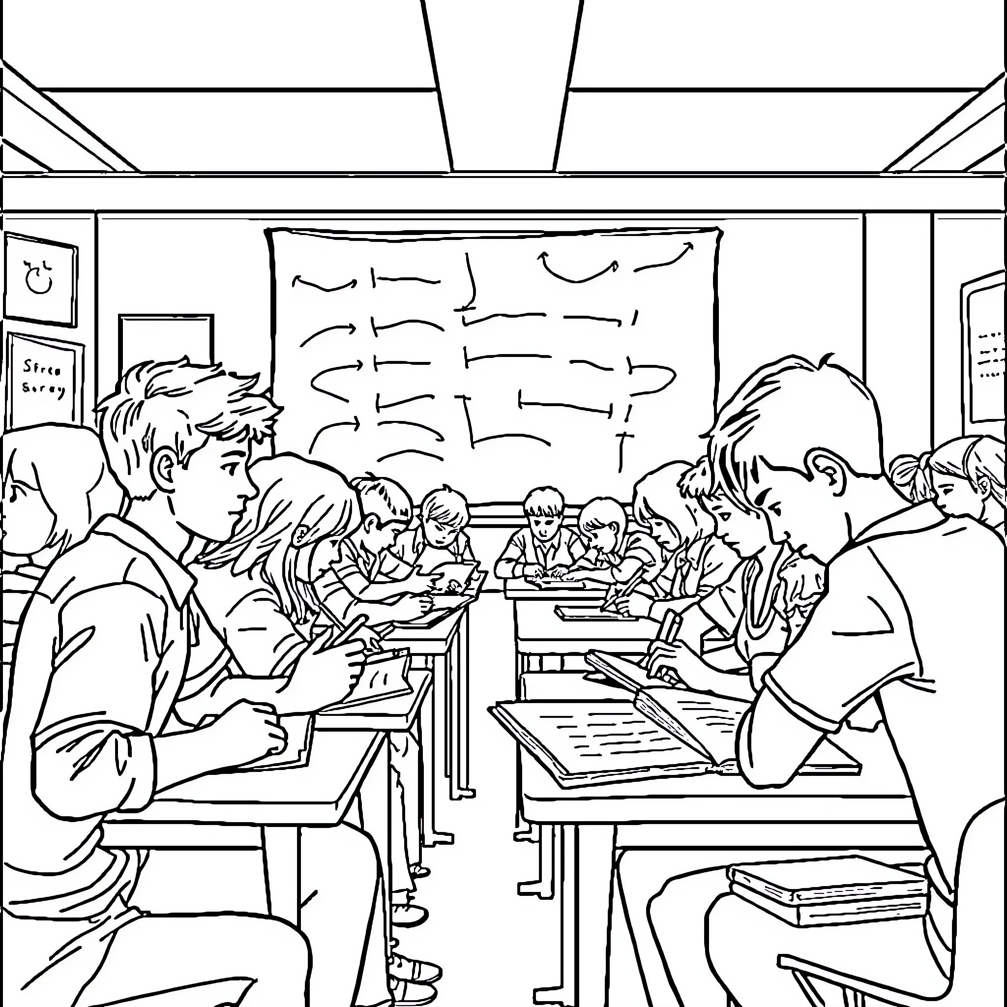 Class Studying Together in a Classroom Coloring Page (free black-and-white line drawing printable PDF for all, from beginners to advanced learners, including children, teens, adults, and seniors)