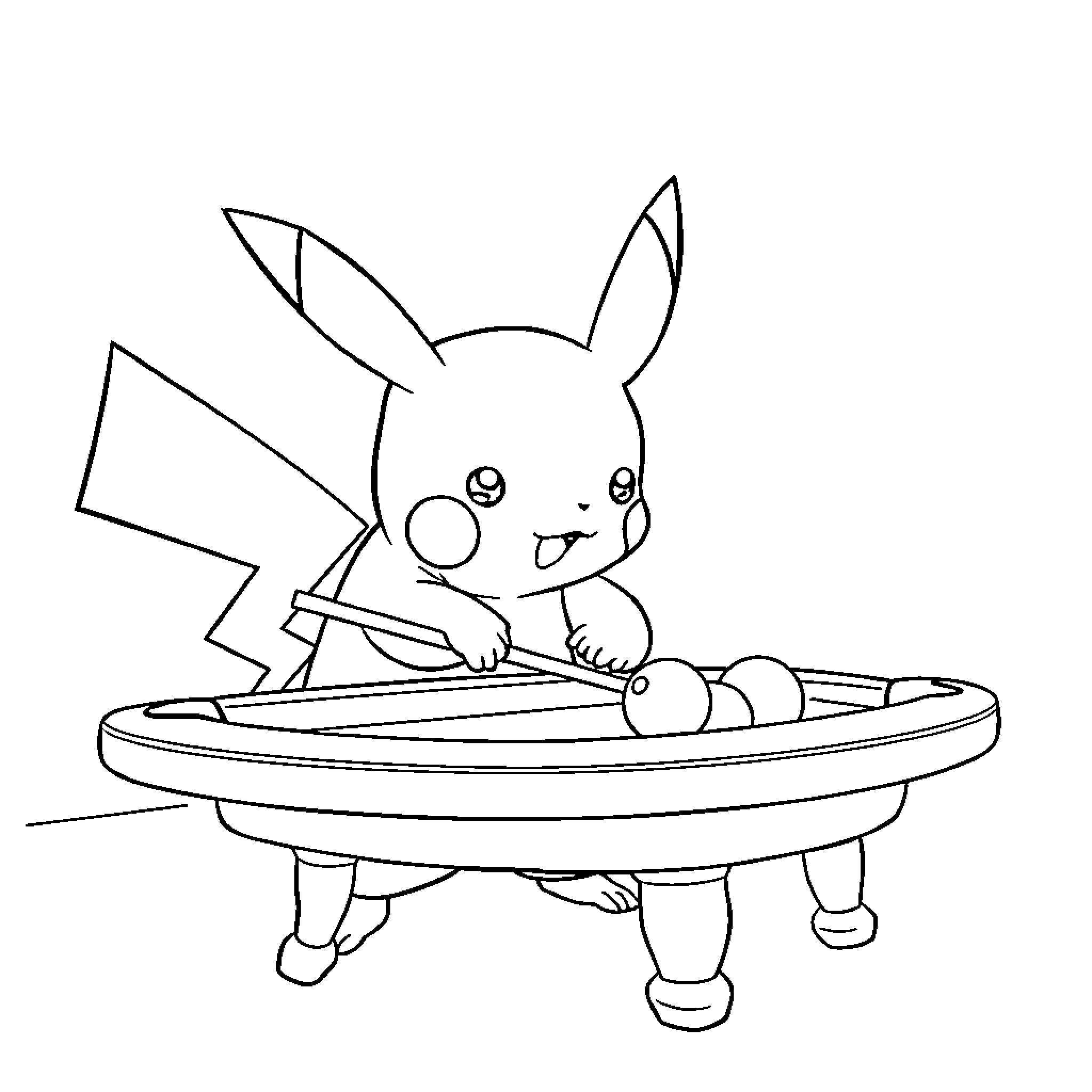 Pikachu playing a game of billiards with focus Coloring Page (free black-and-white line drawing printable PDF for all, from beginners to advanced learners, including children, teens, adults, and seniors)