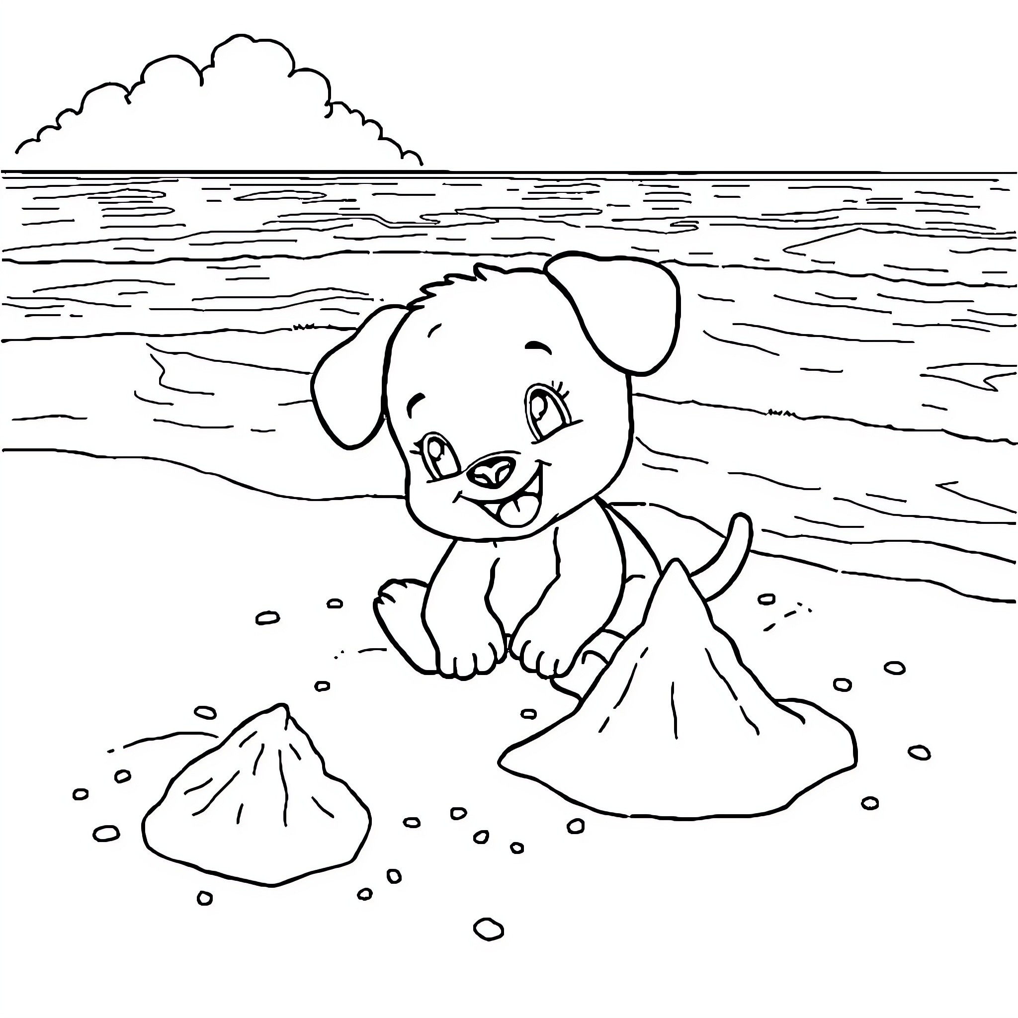 Labubu the playful puppy on the beach Coloring Page (free black-and-white line drawing printable PDF for all, from beginners to advanced learners, including children, teens, adults, and seniors)