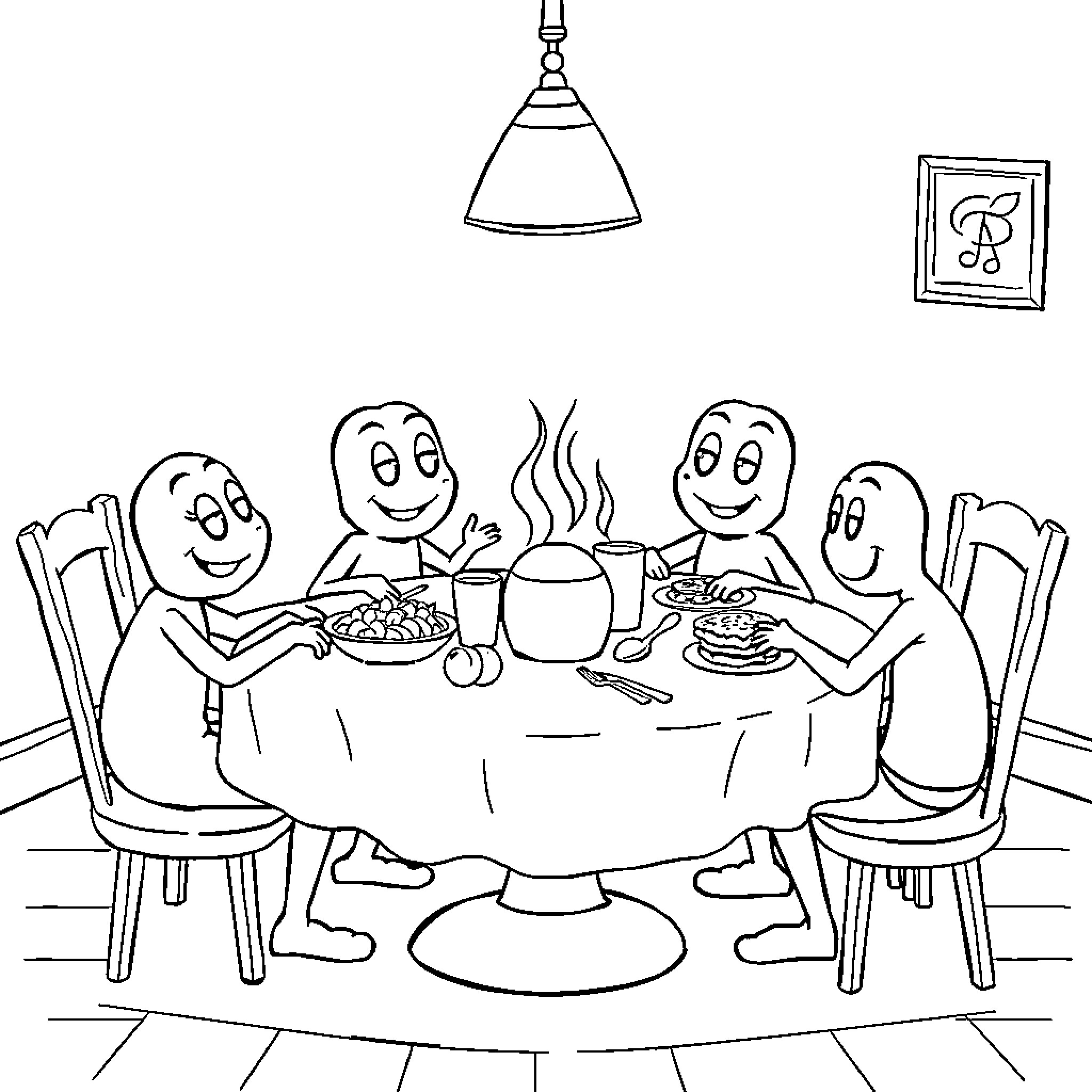 Musical Note Family Enjoying a Meal Together Coloring Page (free black-and-white line drawing printable PDF for all, from beginners to advanced learners, including children, teens, adults, and seniors)