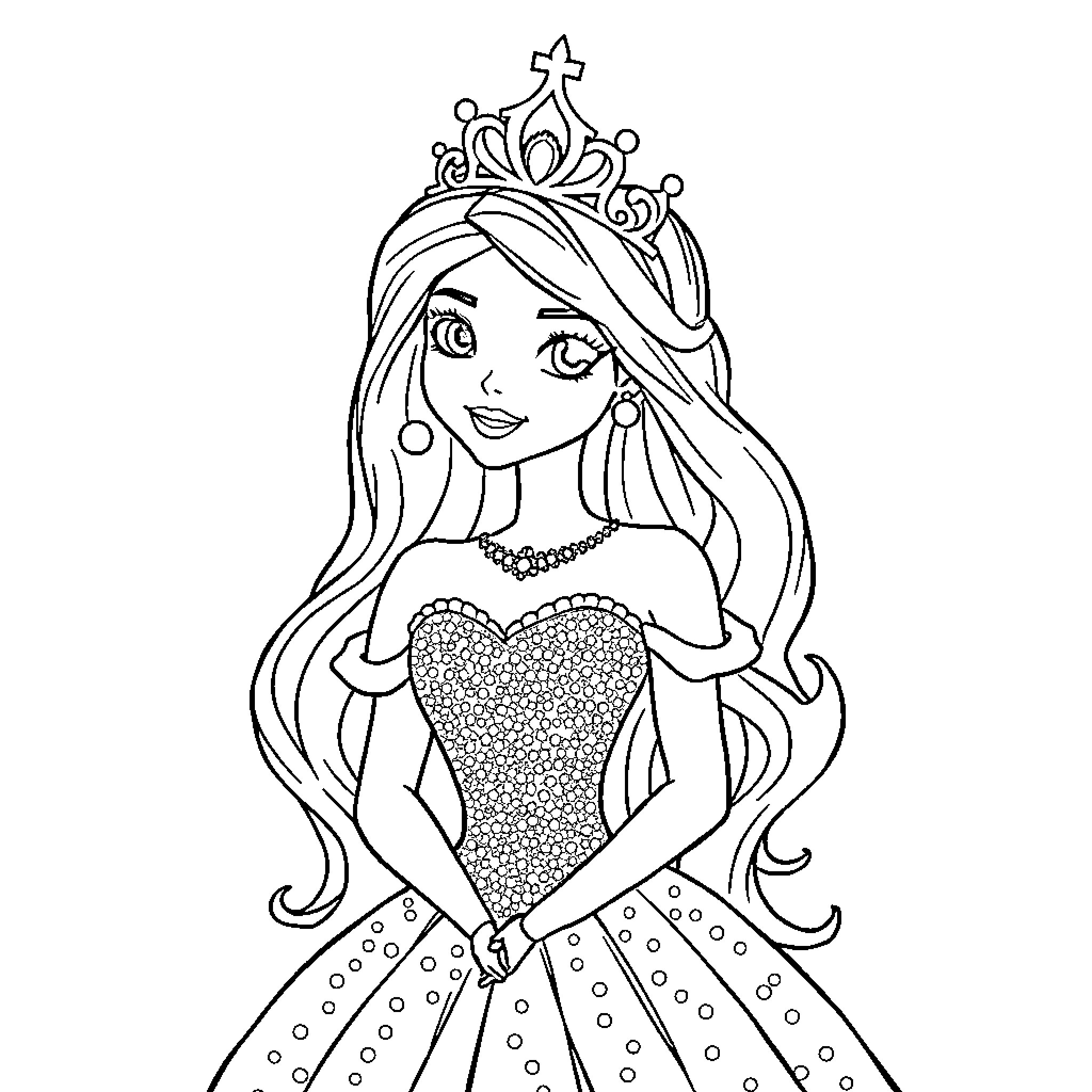 Princess in a Sparkling Gown with a Crown Coloring Page (free black-and-white line drawing printable PDF for all, from beginners to advanced learners, including children, teens, adults, and seniors)